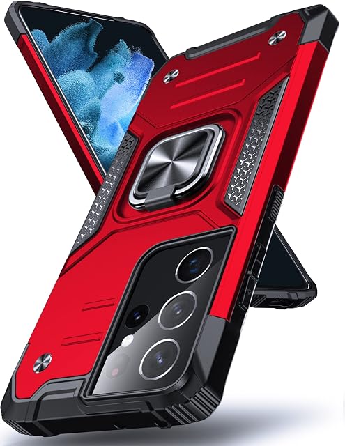 DASFOND Galaxy S21 Ultra 5G Case, Military Grade Shockproof Protective Phone Case Cover with Enhanced Metal Ring Kickstand [Support Magnet Mount] Compatible with Samsung Galaxy S21 Ultra, Red