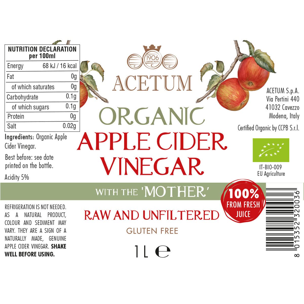 Vinagre Sidra de Manzana con Madre Ecológico Orgánico Sin Filtrar Sin Pasteurizar 2L (2x1L)