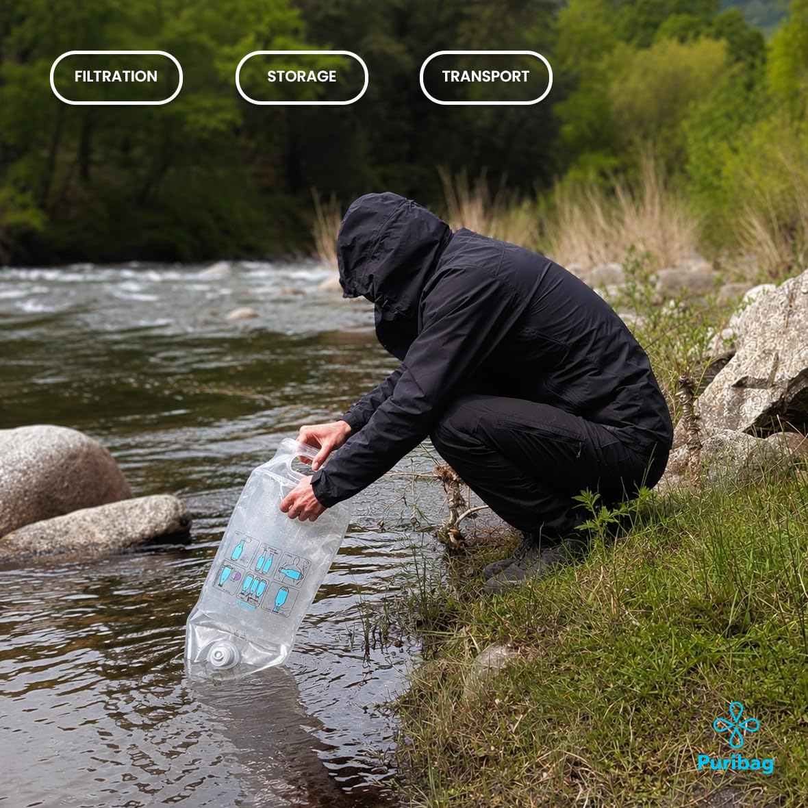 PURIBAG Système Professionnel Filtre à Eau par gravité - Système de Filtration d'eau Portable 4 en 1 pour Sac à Dos, Camping et Urgence - S'accroche n'importe où, Filtre l'eau