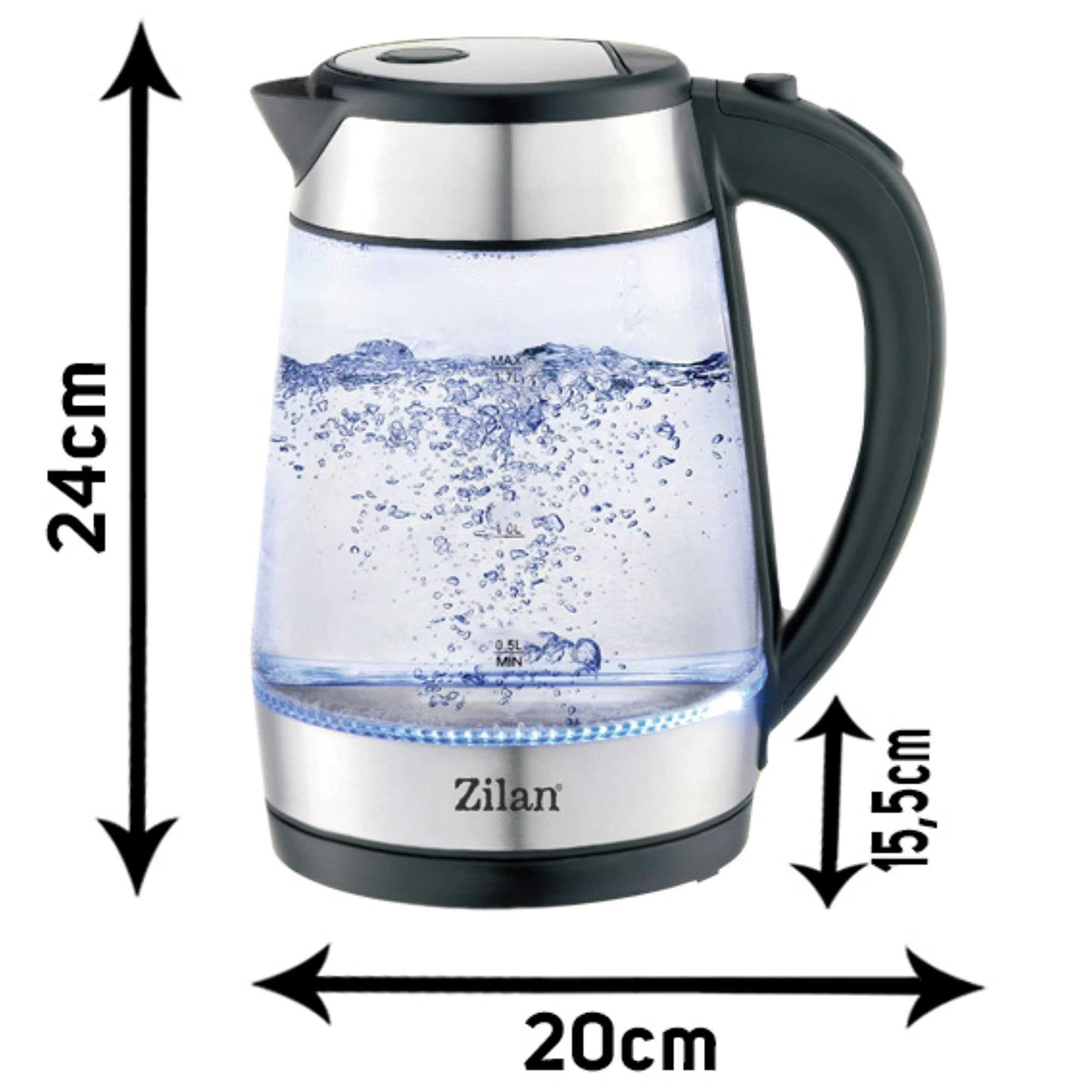Bouilloire en verre et acier inoxydable 2200W 1,7L Éclairage LED bleu 360° Filtre anti-calcaire Sans BPA