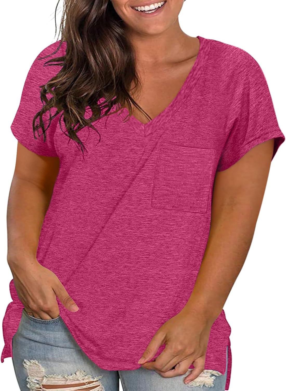 TAKEYAL Womens Plus Size T Shirts V Neck Short Sleeve Side Split High Low Tops Casual Summer Tees with Pocket XL-5XL