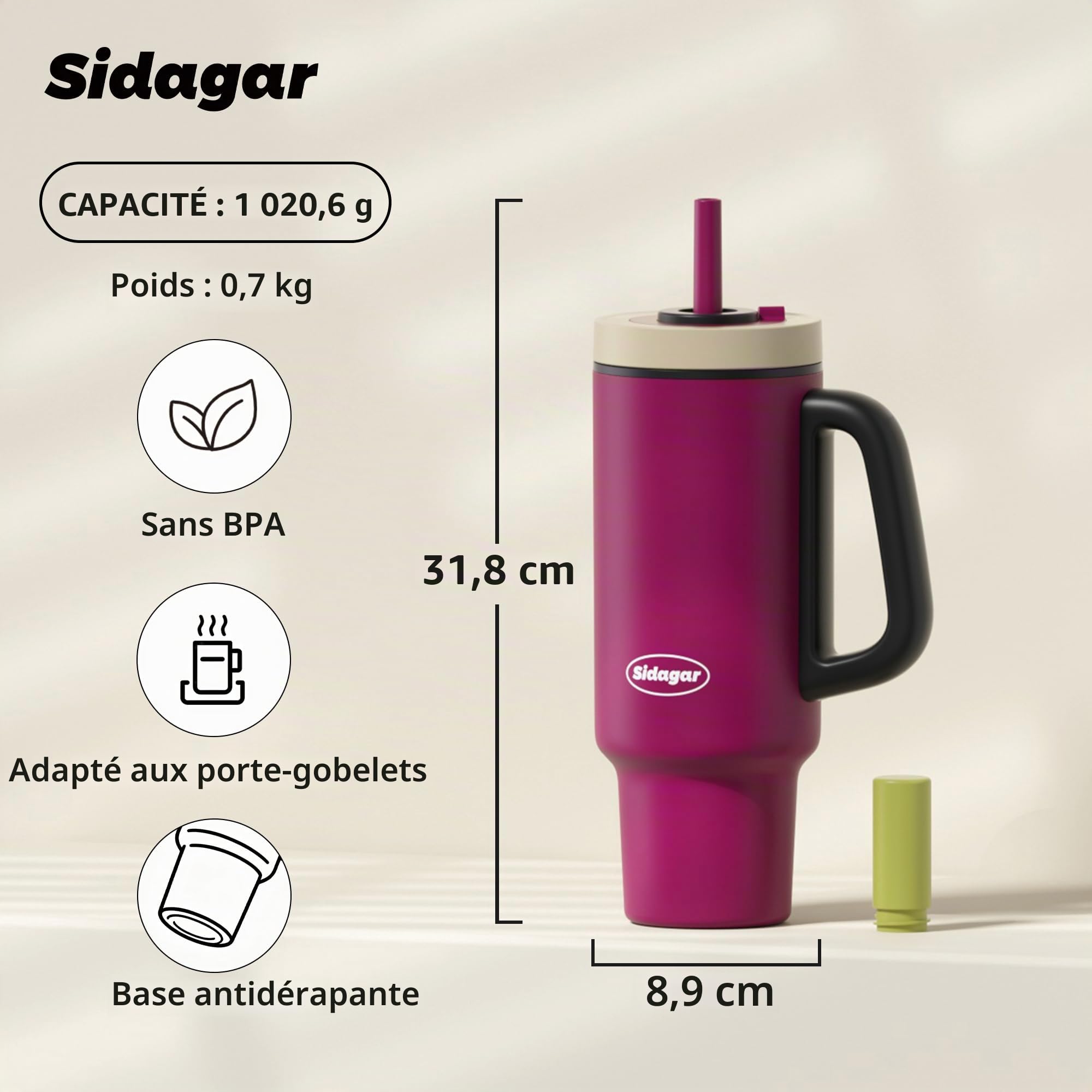 Gourde Isotherme 1,1L avec Paille et Poignée, Mug Isotherme Inox 316L, Bouteille d’Eau Anti Fuite, Thermos Grande Capacité, Compatible Porte-Gobelet, Violet