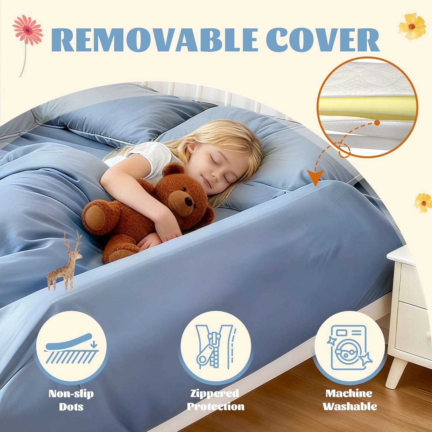 Asatdd Bed Rail for Toddlers with Adjustable Strap, Bed Guard Rail, Soft Memory Foam Toddler Bed Bumper for Twin, Full, Queen, King Beds with Washable Cover, 2 Pack