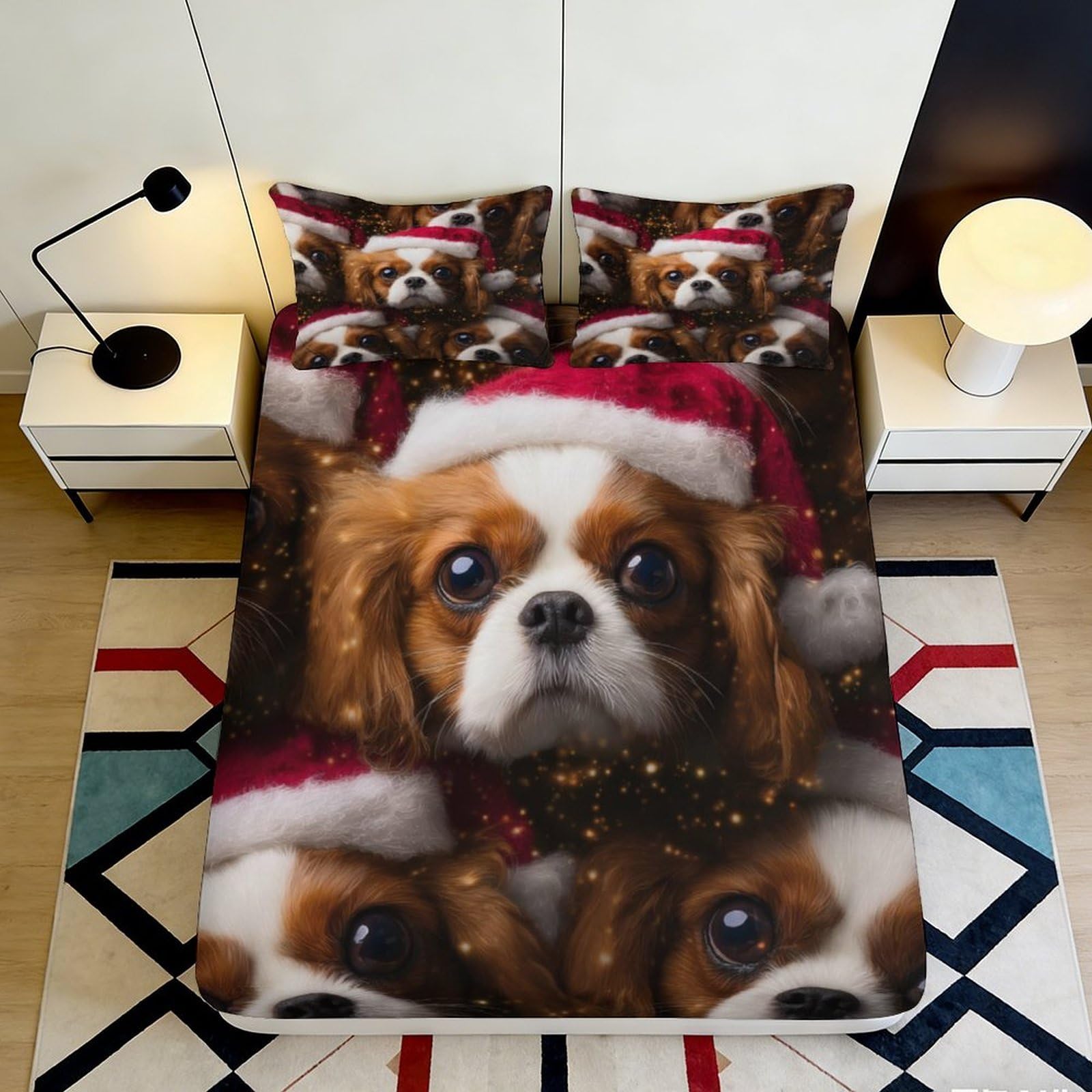 3D Printed Christmas Dog Pattern Fitted Sheet Microfiber Soft Breathable Santa Hat Bed Cover for Bedroom Dormitory Guest Room Mattress Protection 140x200x25cm