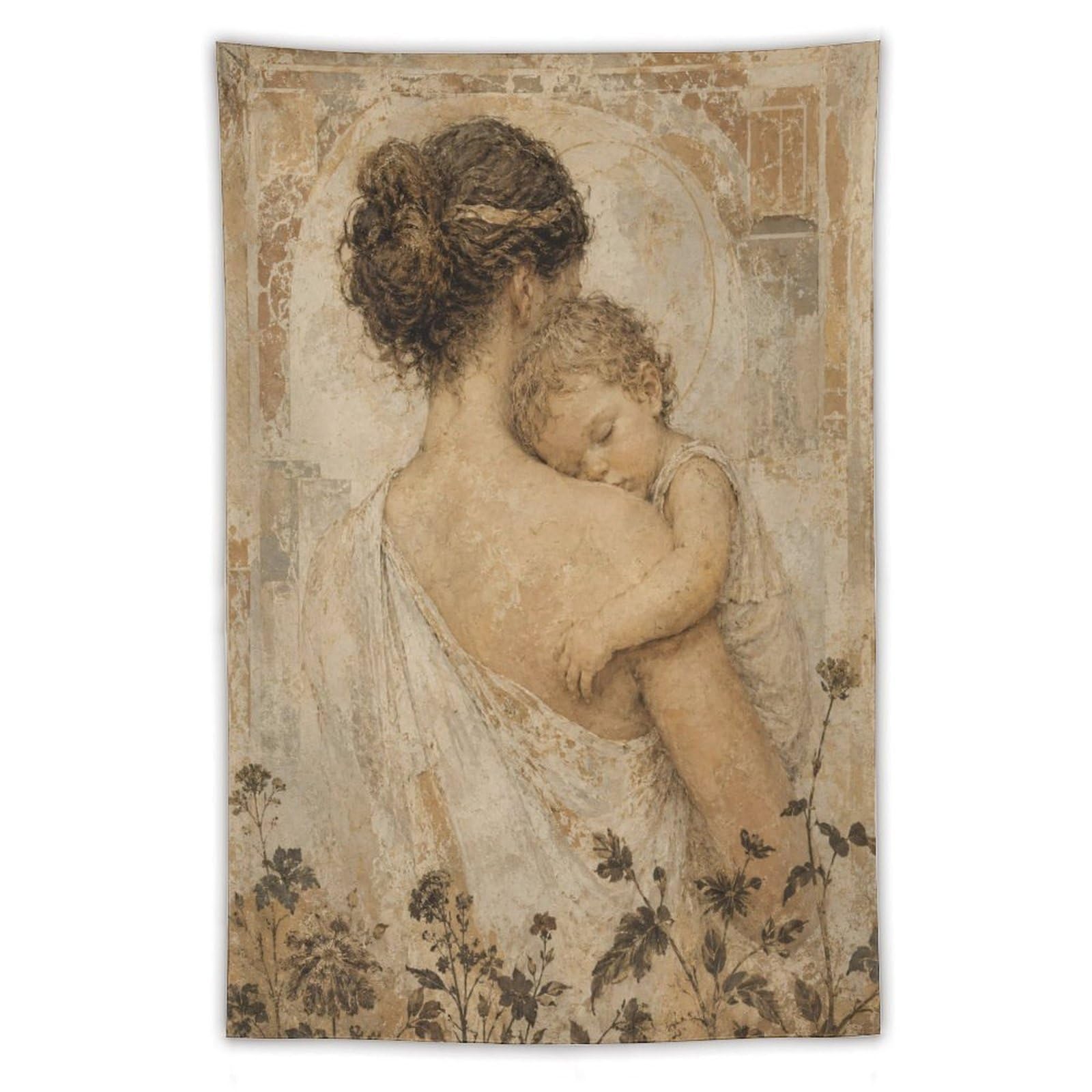 W7C8U2X3 Mother Holding Child Wall Tapestry, Vintage Poster, Sepia Sketch
