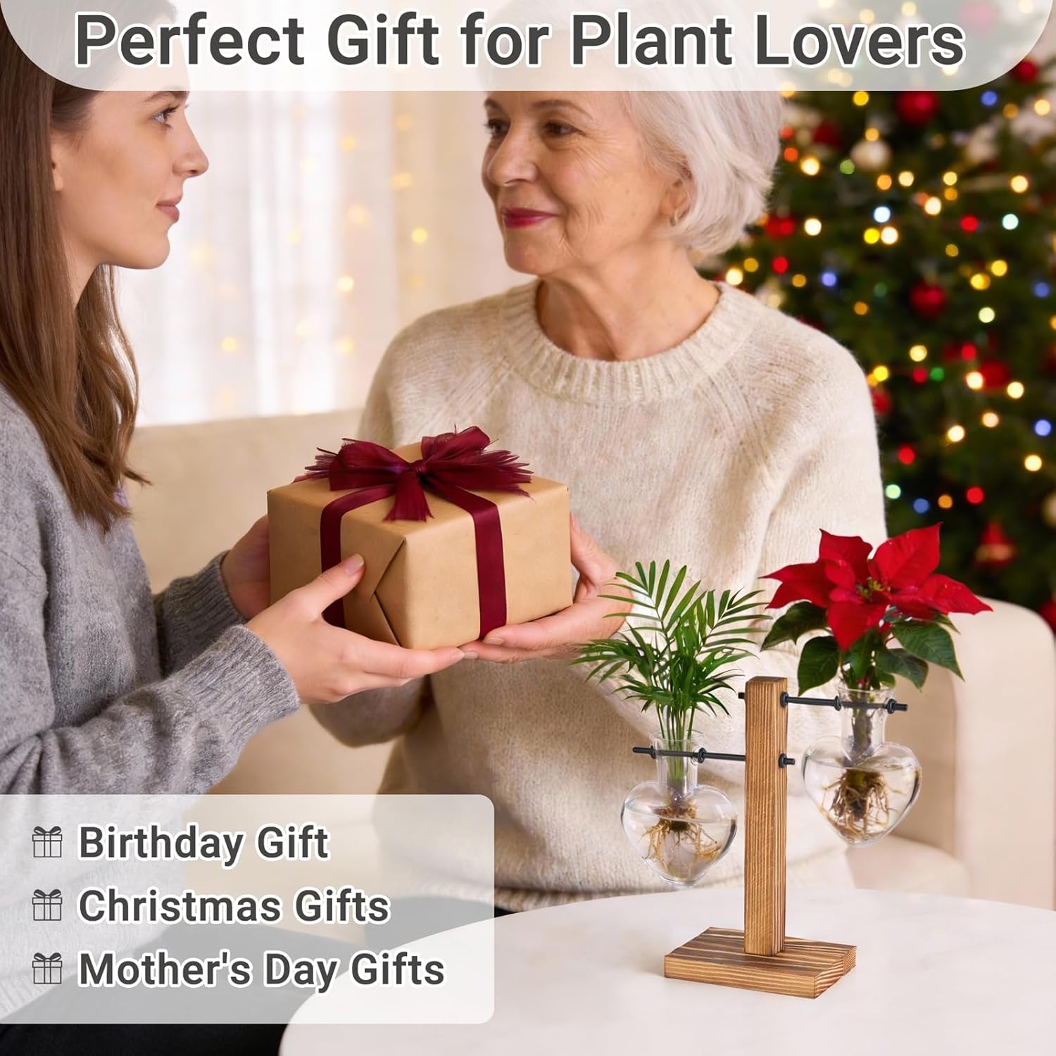 Mkono Heart Shaped Propagation Station with Wood Stand, Glass Hydroponic Planter Desktop Plant Terrarium for Home Office Decor, Gifts for Plant Lovers - 2 Love Bulb Pot Vase - Image 5