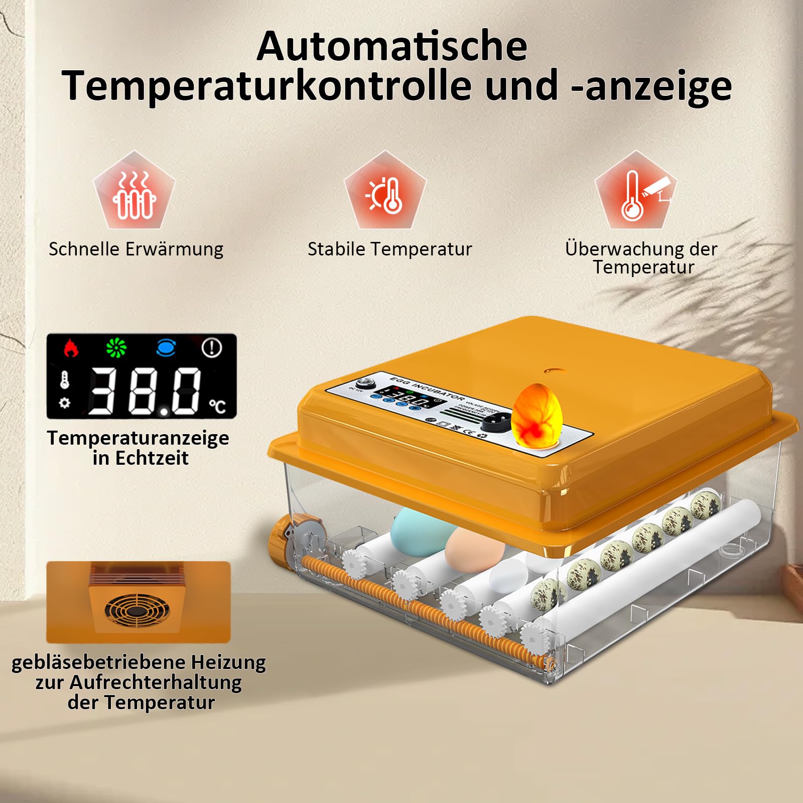 Brutautomat Vollautomatisch für 16 Eier mit Temperaturregelung automatischem Wenden, Inkubator Hühner mit verstellbaren Walzen und automatischer Wasserzugabe, Brutmaschine LED Eierleuchte