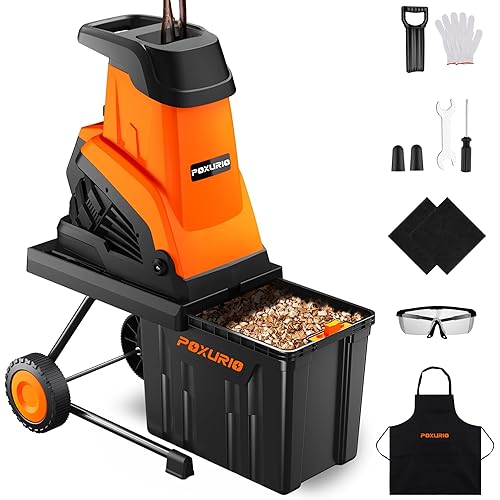 15-Amp Wood Chipper Shredder, 50L Collecting Bin, High Efficiency Electric Mulcher Shredding Machine with 25:1 Reduction Ratio, 1.8In Cutting Diameter, Large Portable Wheels for Yard Cleanup, Orange