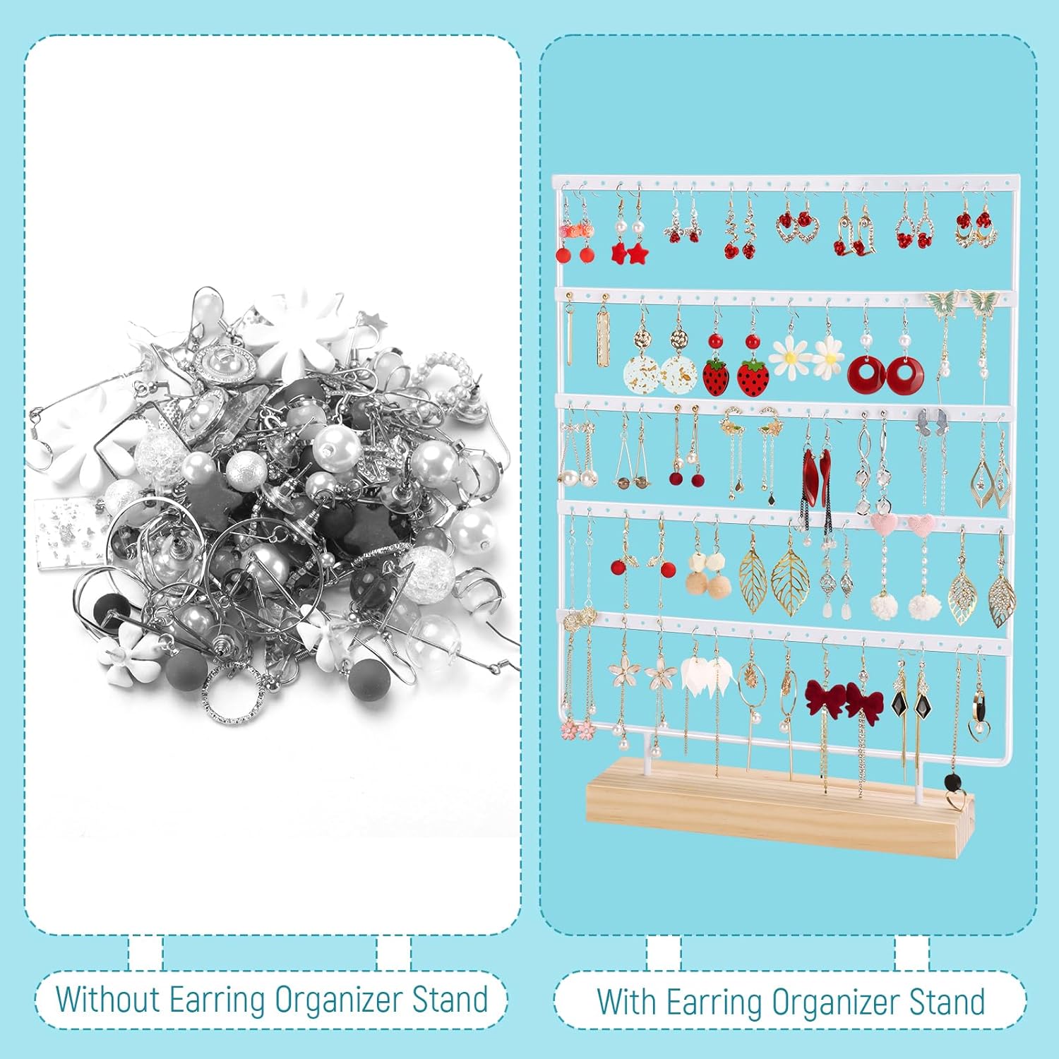 5 Tier 120 Hole Earring Holder Organizer, Rust Proof Metal and Wooden Base Jewelry Organizers and Storage for 60 Pairs of Earrings, Suitable for Home Storage and Sales Display - Image 3