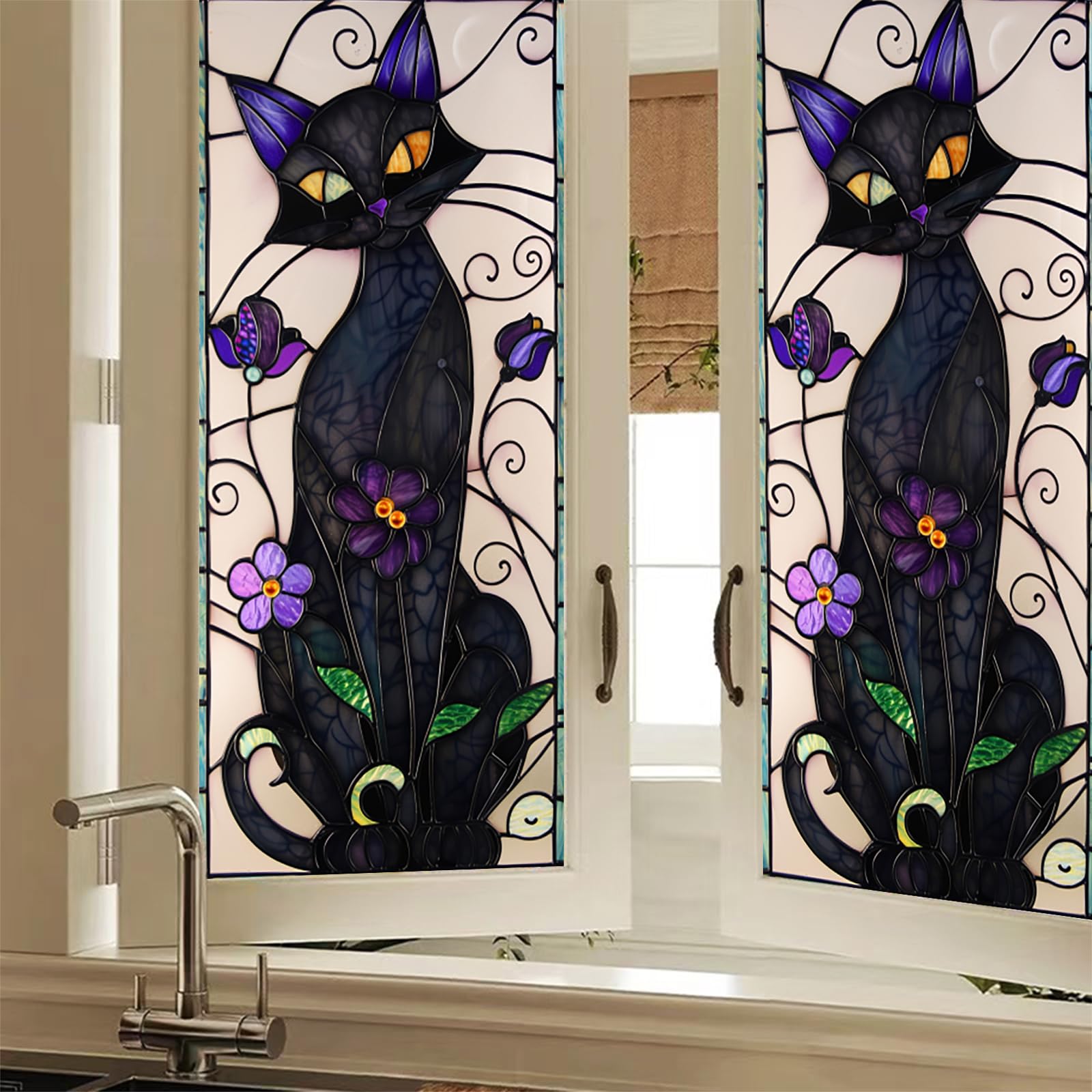 HOMETITUTE Gothic Black Cat Window Film Stained Glass Window Film Privacy Sun Blocking Static Cling Sticker Privacy Decorative Purple Flowers for Glass Door Bedroom Living Room 17.7 x 39.3 Inch