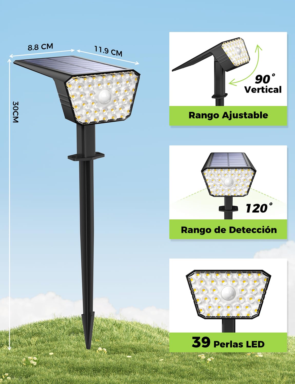 Luces Solares LED Exterior con Sensor de Movimiento, 4 Modos de Trabajo, IP67, Instalación en Pared o Suelo Foco Solar Exterior para Jardín, Patio y Garaje - 4 Piezas (Blanco Cálido)
