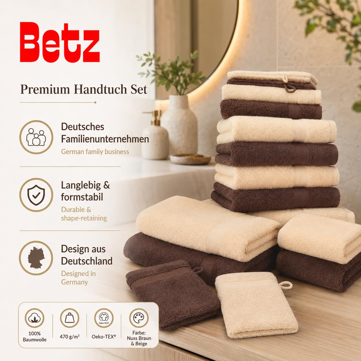 Betz Set di 10 asciugamani Premium 2 asciugamani da doccia 4 asciugamani 2 asciugamani per ospiti 2 guanti da bagno 100% cotone colore beige e marrone noce