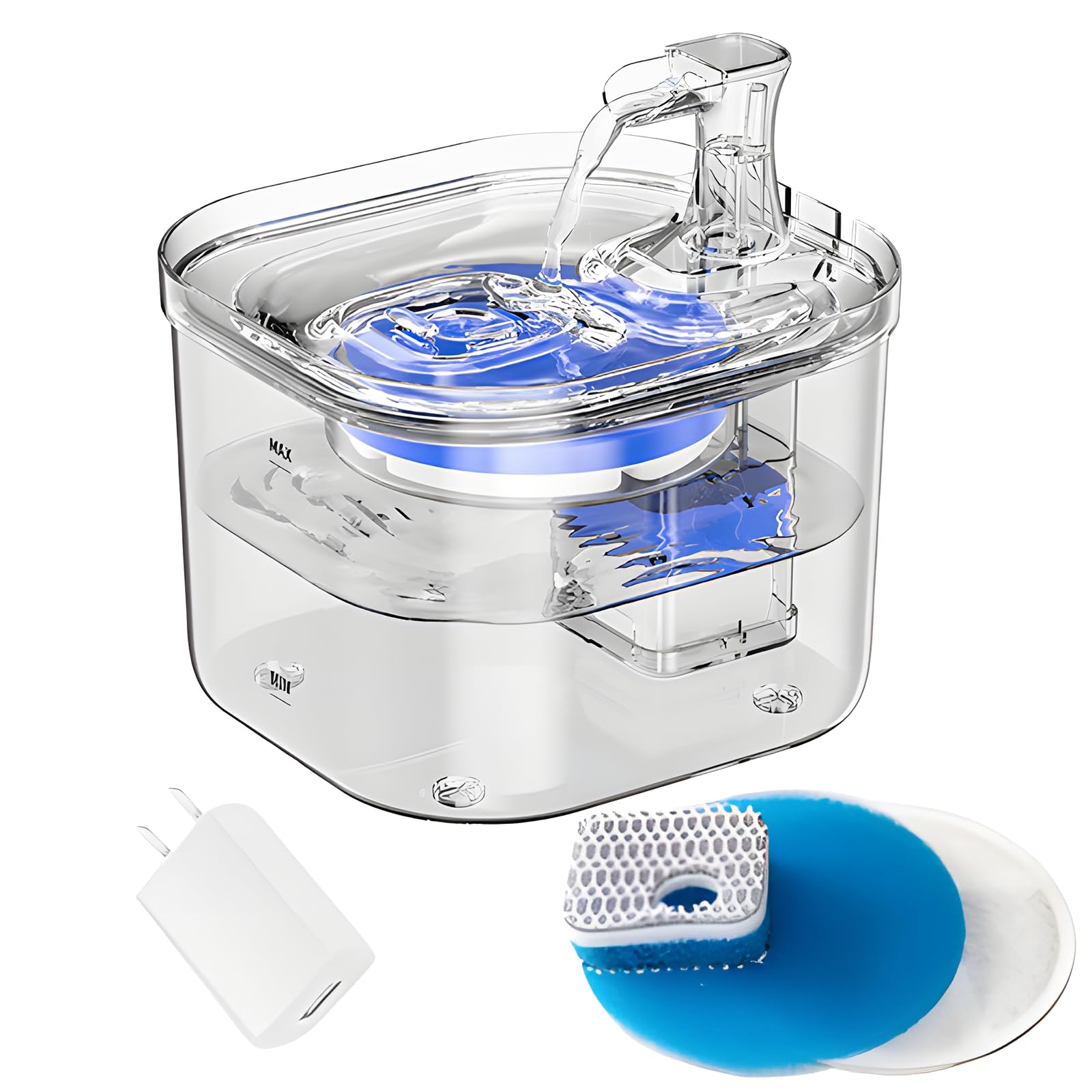 2.6 Gallon Pet Water Fountain, Transparent Dog and Cat Water Dispenser, Includes Pump and Filtration System, Quiet Operation