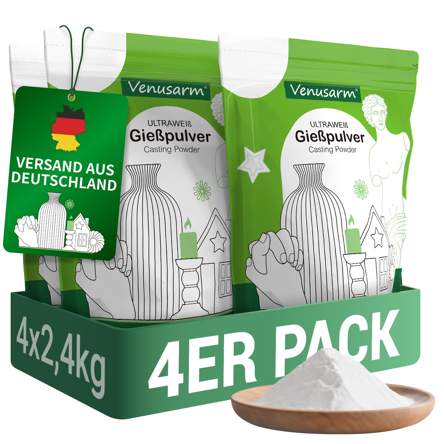 Venusarm Gießpulver 9,6kg, Gießpulver Weiß wie Neuschnee, Gips zum Gießen wie Spiegel Glatter, Beruhigende Härte Gießmasse für Detailgetreue Reliefs Gipsformen Kunst- und Bastelprojekte