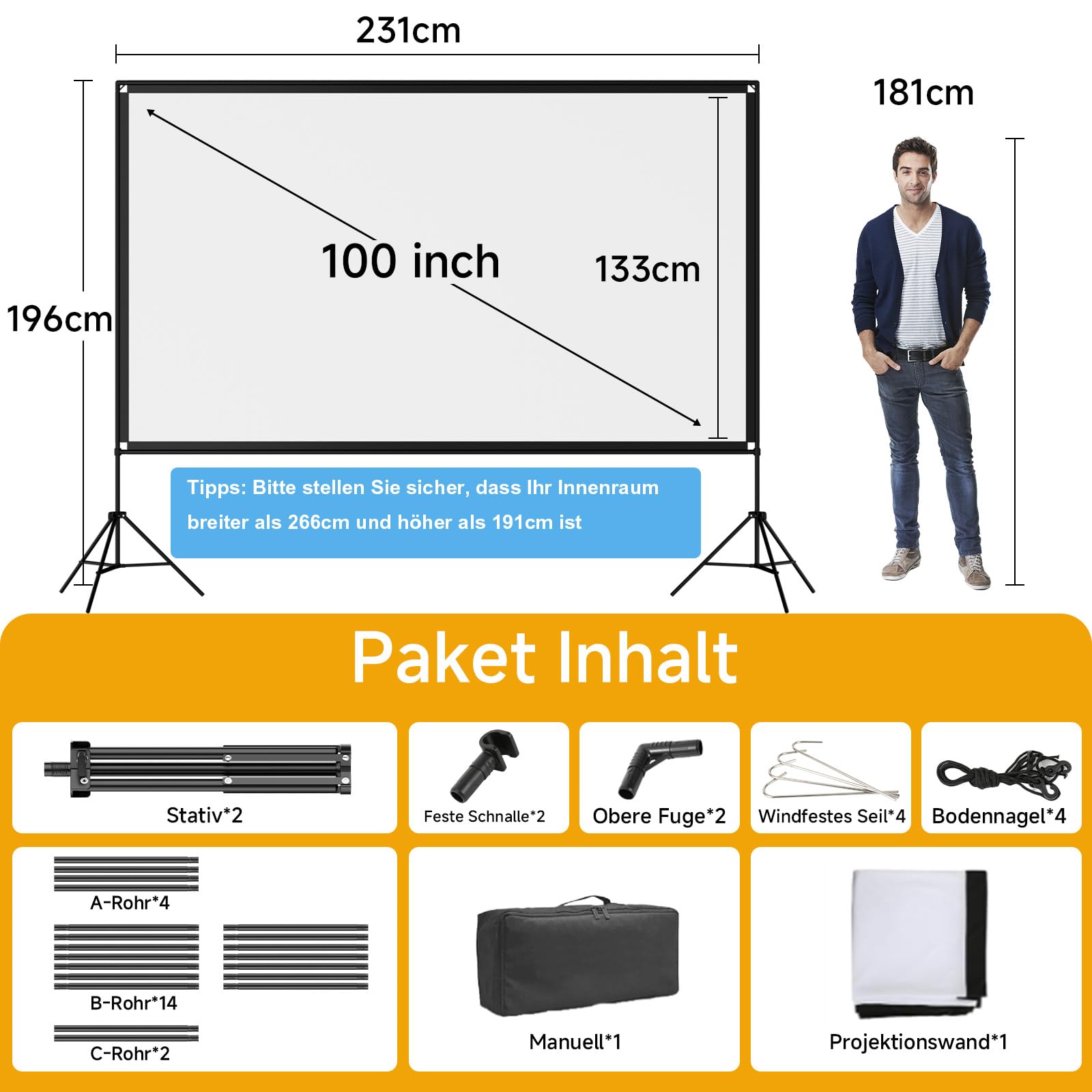VISULAPEX 100” Beamer Leinwand mit Stativ, 16:9 4K HD Projektor Leinwand Tragbar, Faltbare leinwand Beamer mit Tragetasch für Heimkino Gartenkino Theater Nächte