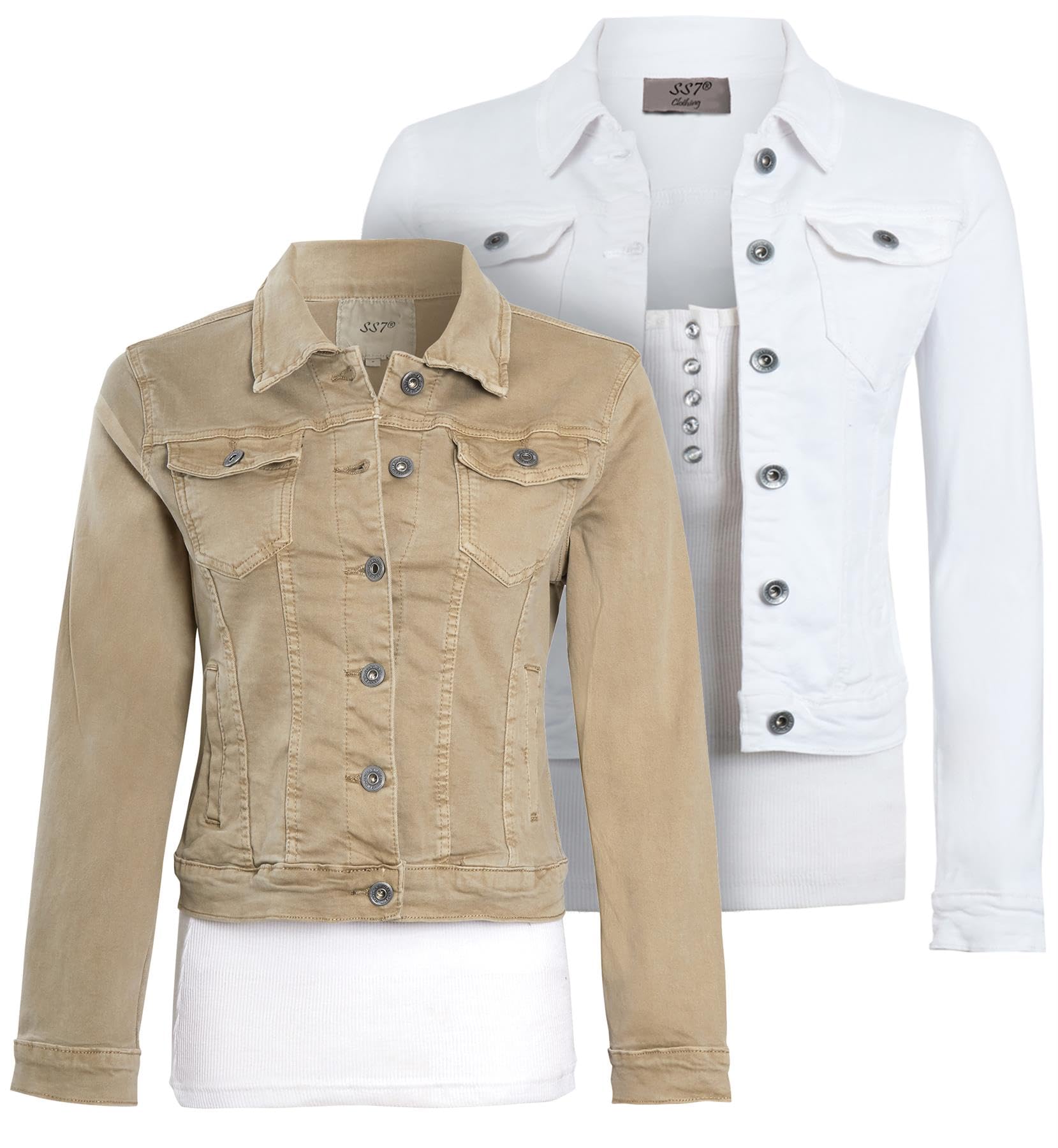 SS7 Womens Denim Jacket Jeans Stretch Twill Jackets White Beige Size 10 12 14 8 16