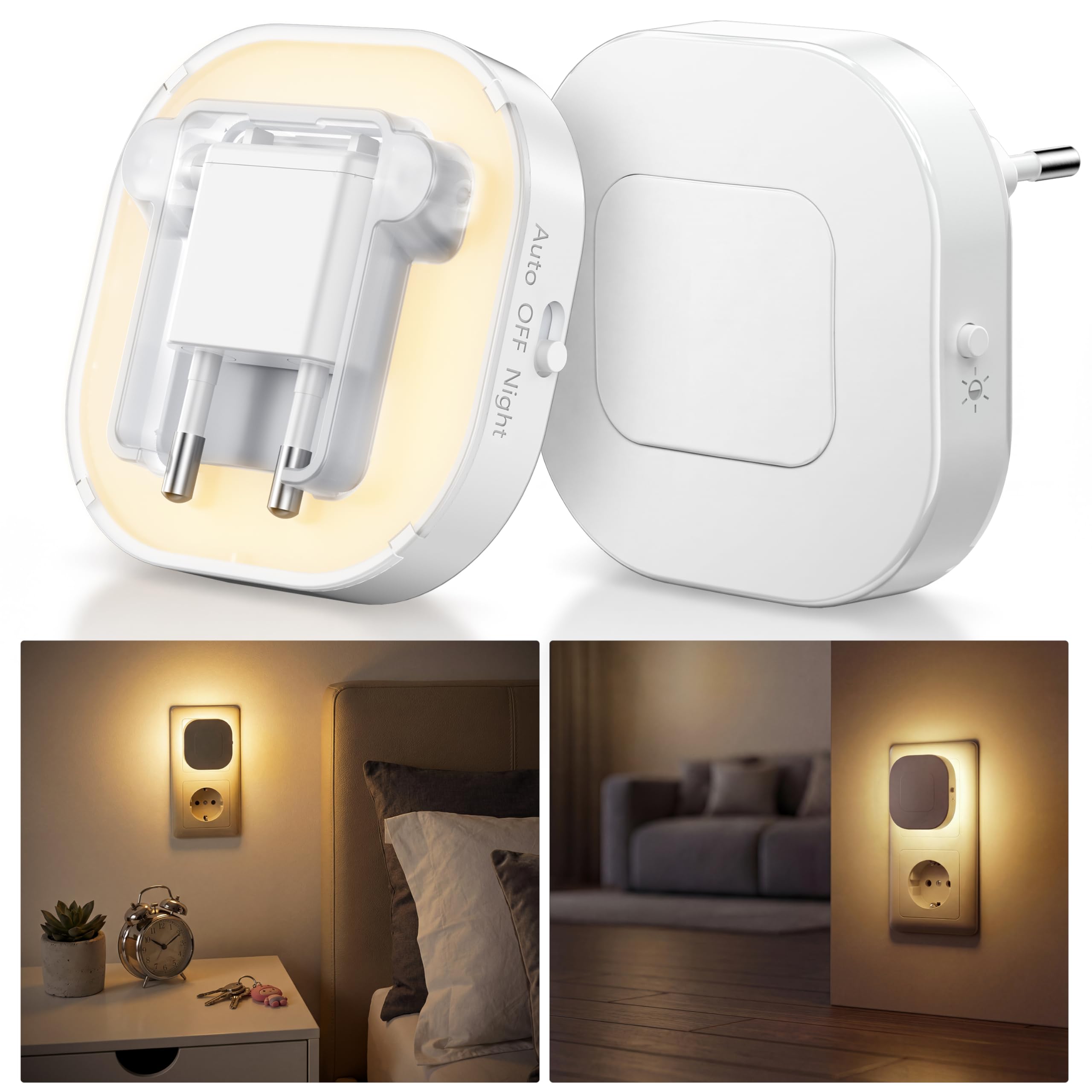 Nachtlicht Steckdose mit Bewegungssensor und Dämmerungssensor, 2 Stück Warmweißes LED-Nachtlicht mit Helligkeitsregelung für Flur, Treppe, Schlafzimmer, Kinderzimmer, Bad und Küche (Warmweißes-B)