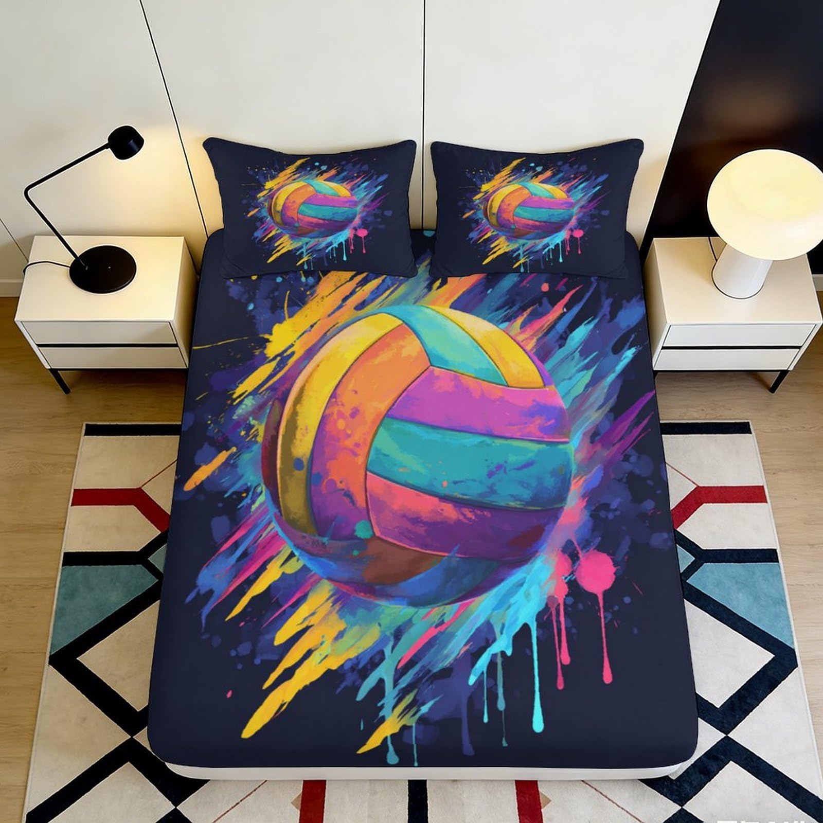 3D Printed Colorful Volleyball Fitted Sheet Microfiber Soft Artistic Splash Bed Cover for Bedroom Dorm Decor 90x200x25cm