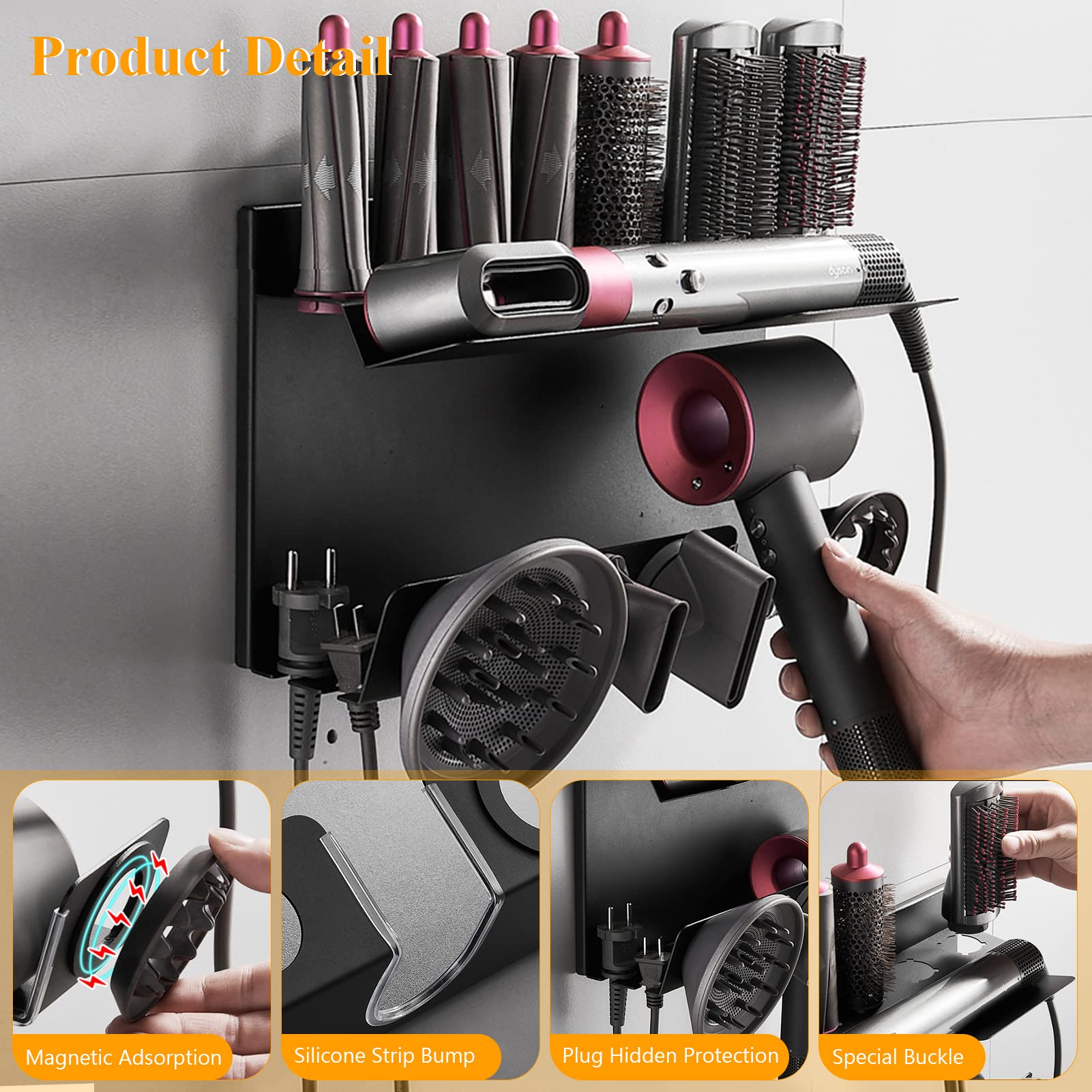 Bocguy 2 In 1 Wandhalterung für Dyson Airwrap & Dyson Föhn, Ohne Bohren Dyson Airwrap Halterung mit Kleber & Schraubengruppe, Dyson Haartrocknerhalter kompatibel mit Fässer, Diffusordüsen, Supersonic
