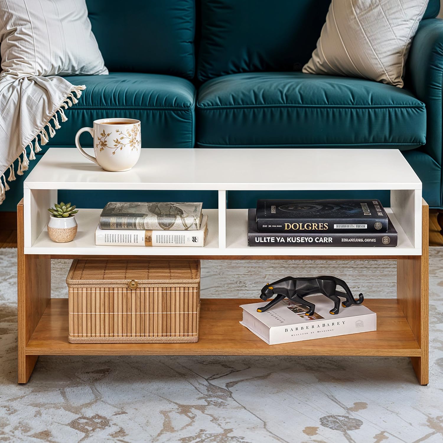 ABOUT SPACE Coffee Table - Center Table for Living Room with Compartments, Engineered Wood Rectangle Teapoy with Storage, Teapoy for Hall Lounge Office -(White & Teak L 90 x B 40 x H 46.5 cm)-image-44