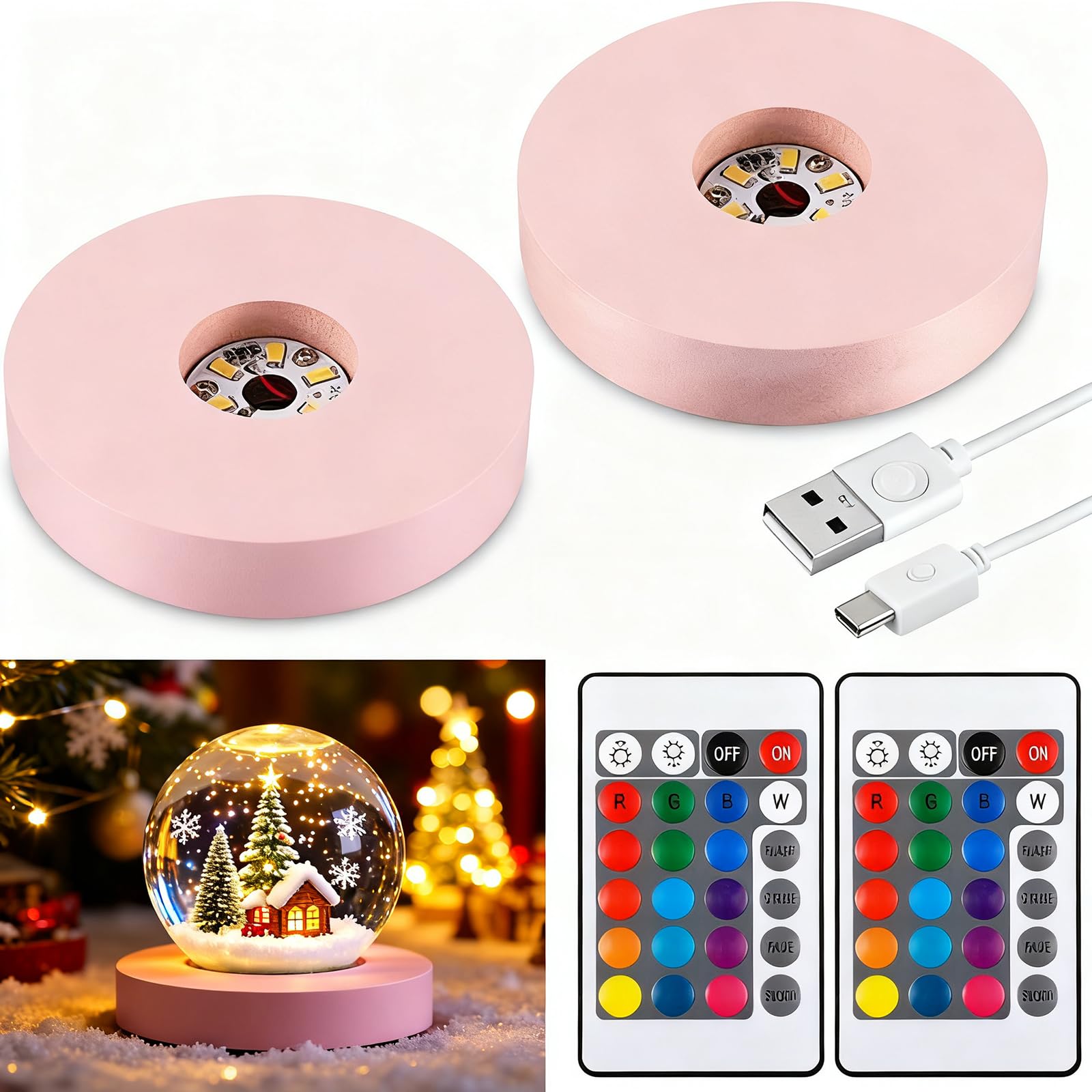 2 Pcs Light LED Base, Wood LED Display Base for Glass Art Decor, Pink