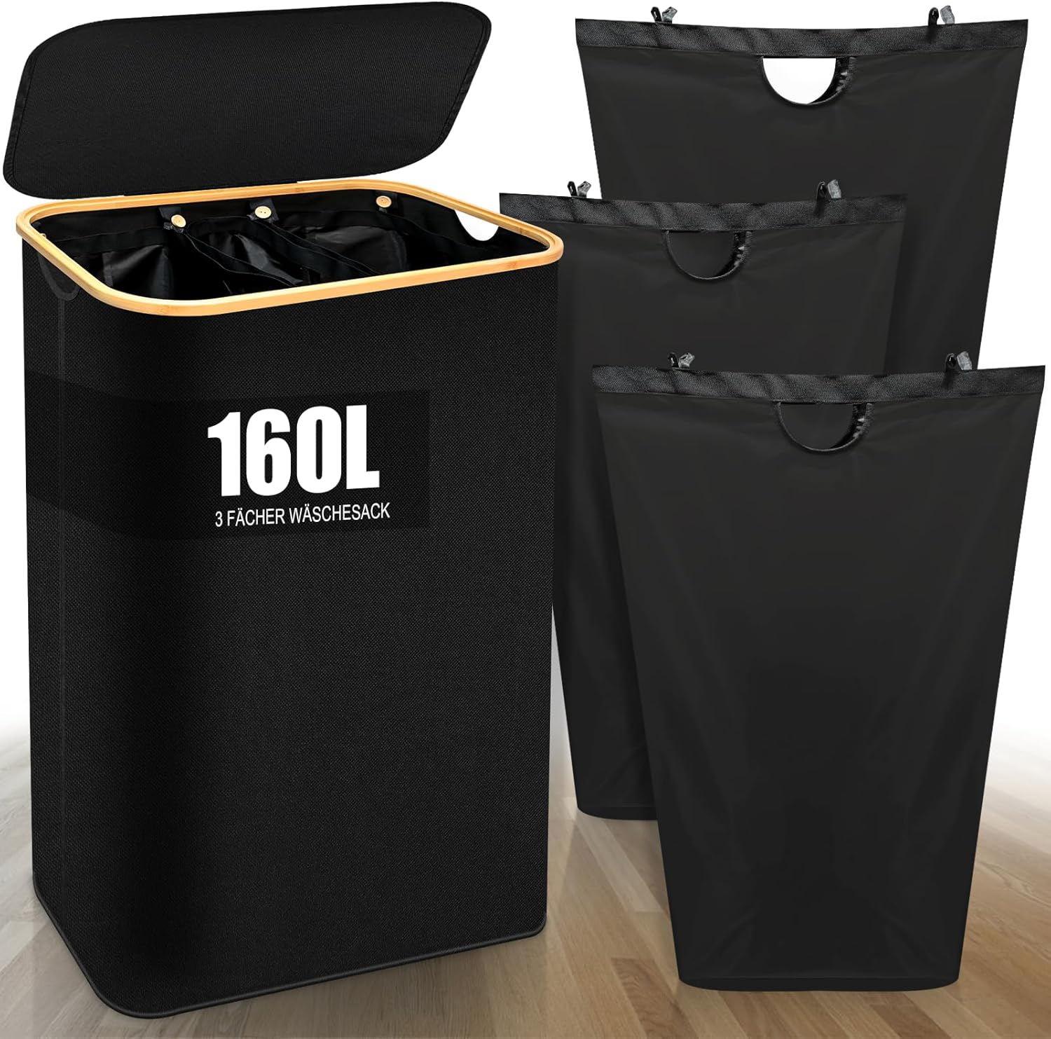 160L Wäschekorb mit Deckel, 3 Fächer XXL Laundry Basket Mit Abnehmbar