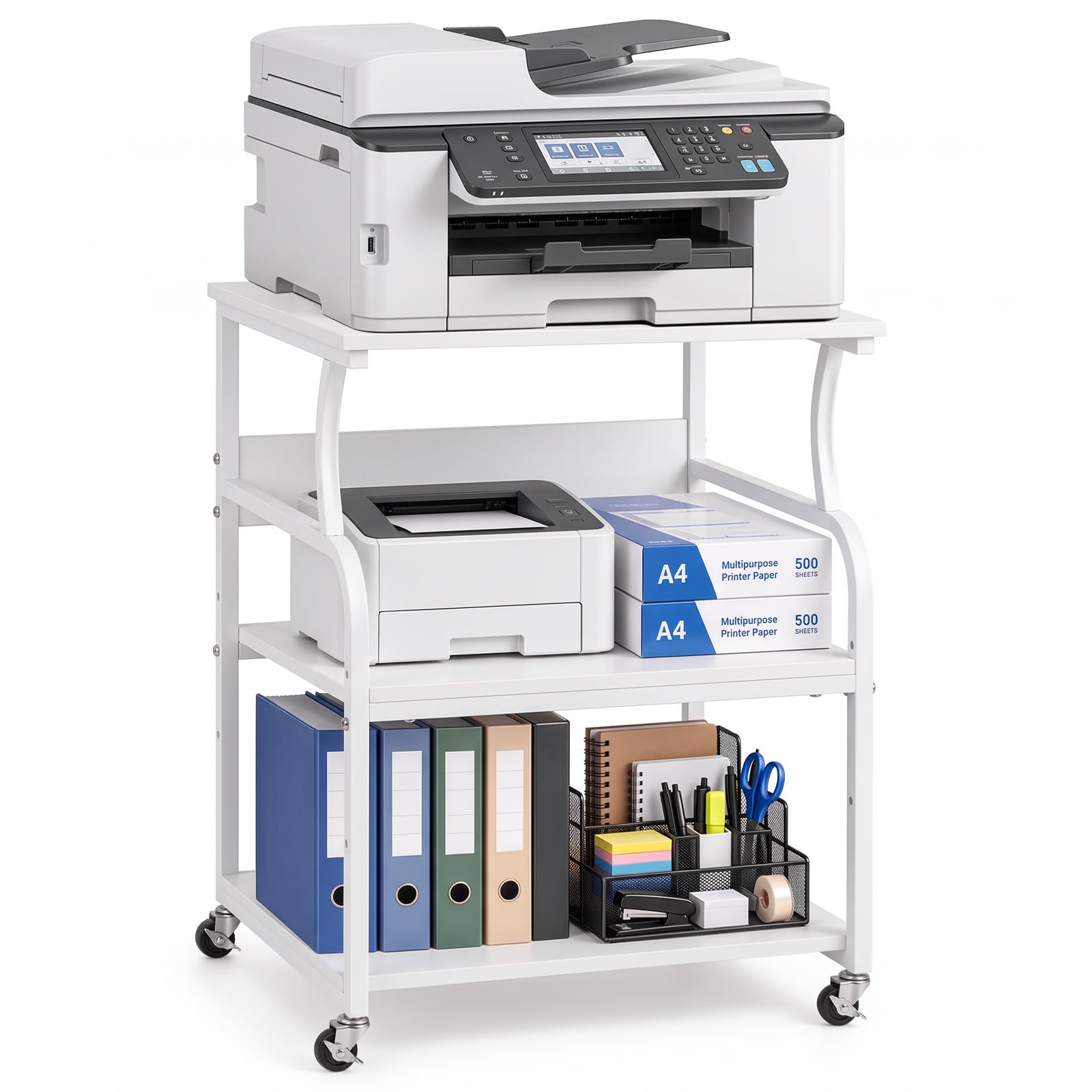 Panana 3-Tier Printer Stand on Wheels with Adjustable Shelf (White)