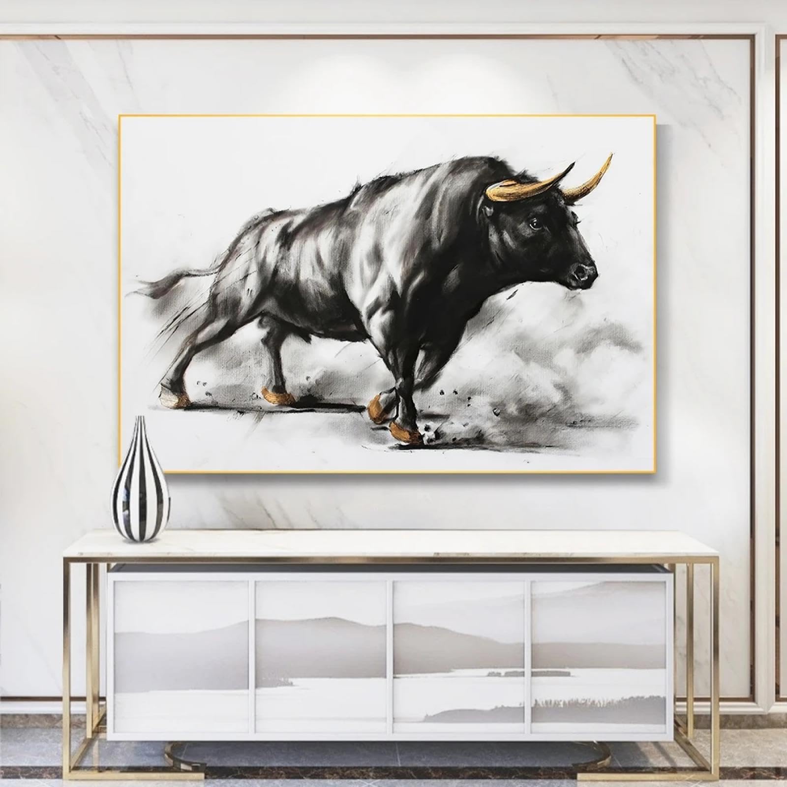 KQZVCU Pintura de toro negro, pintura artística en lienzo de corrida de toros, carteles e impresiones de animales, arte de pared para decoración de sala de estar, 50x70cm con marco