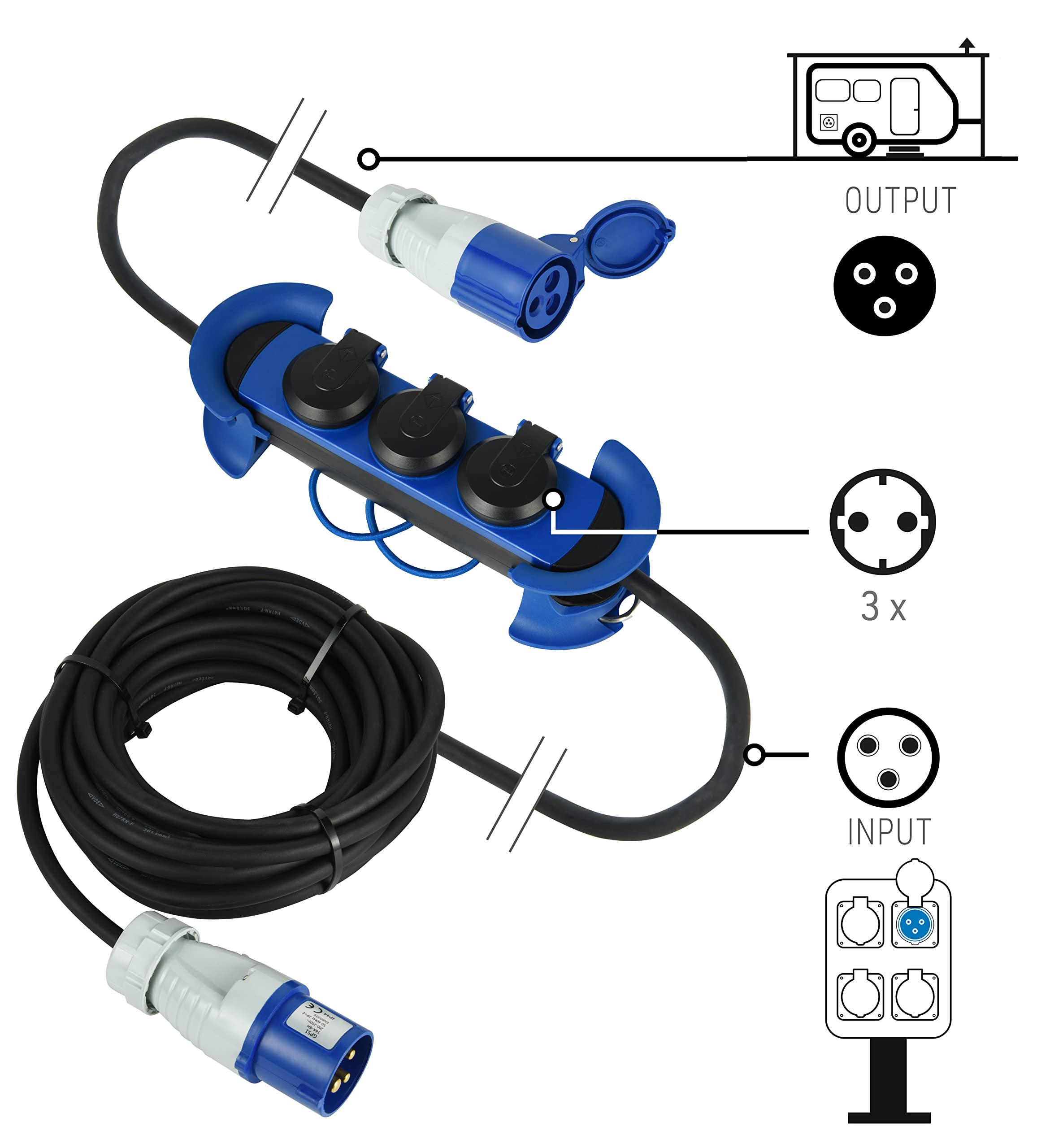 Electraline 62575 Regleta Base Multiple/Prolongador IP44, 1 Toma CEE + 3 Tomas Schuko con Enchufe CEE IP44, Colgante con 2 Ganchos, Cable de Goma H07RN-F 3G1.5 10M, para Campistas, Caravan, Camping
