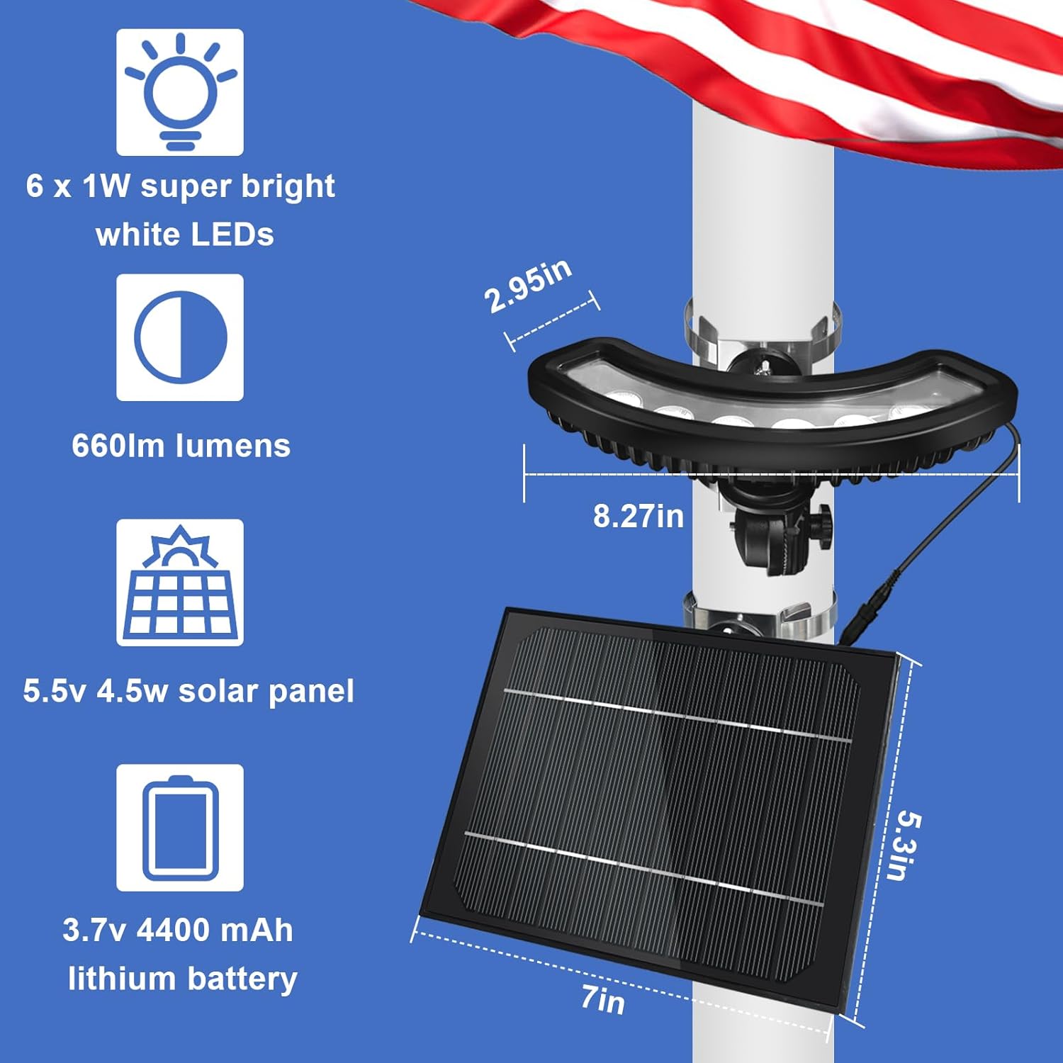 Solar Flag Pole Light Outdoor, Flag Pole Light Solar Powered, Fits 2''-6'' in Diameter American Flagpole, Super Bright 6 LED Outdoor Dusk to Dawn Auto On/Off
