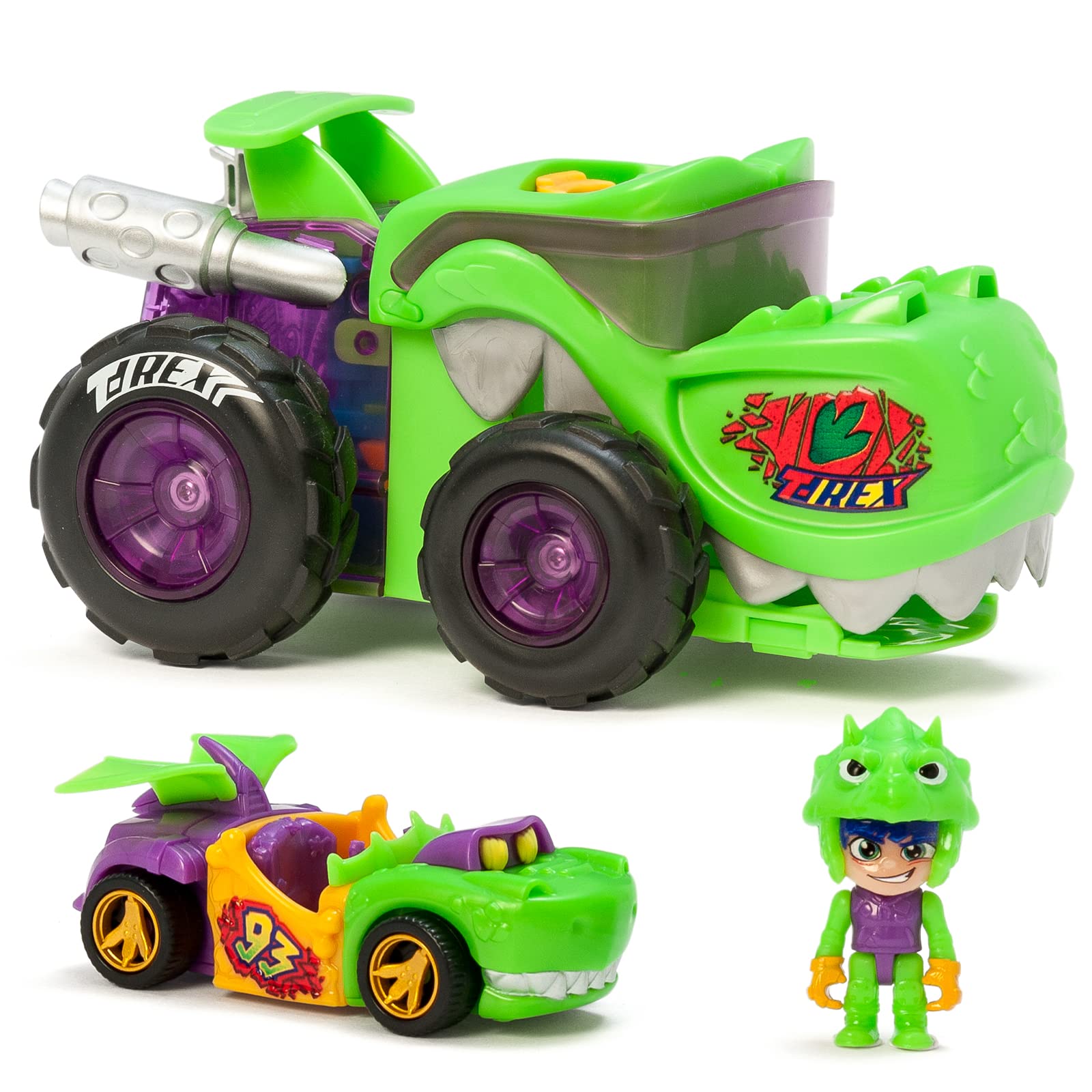 Mega Wheels T-Rex – Vehicle launcher with 1 exclusive driver and 1 exclusive vehicle. Compatible with other T-Racer cars