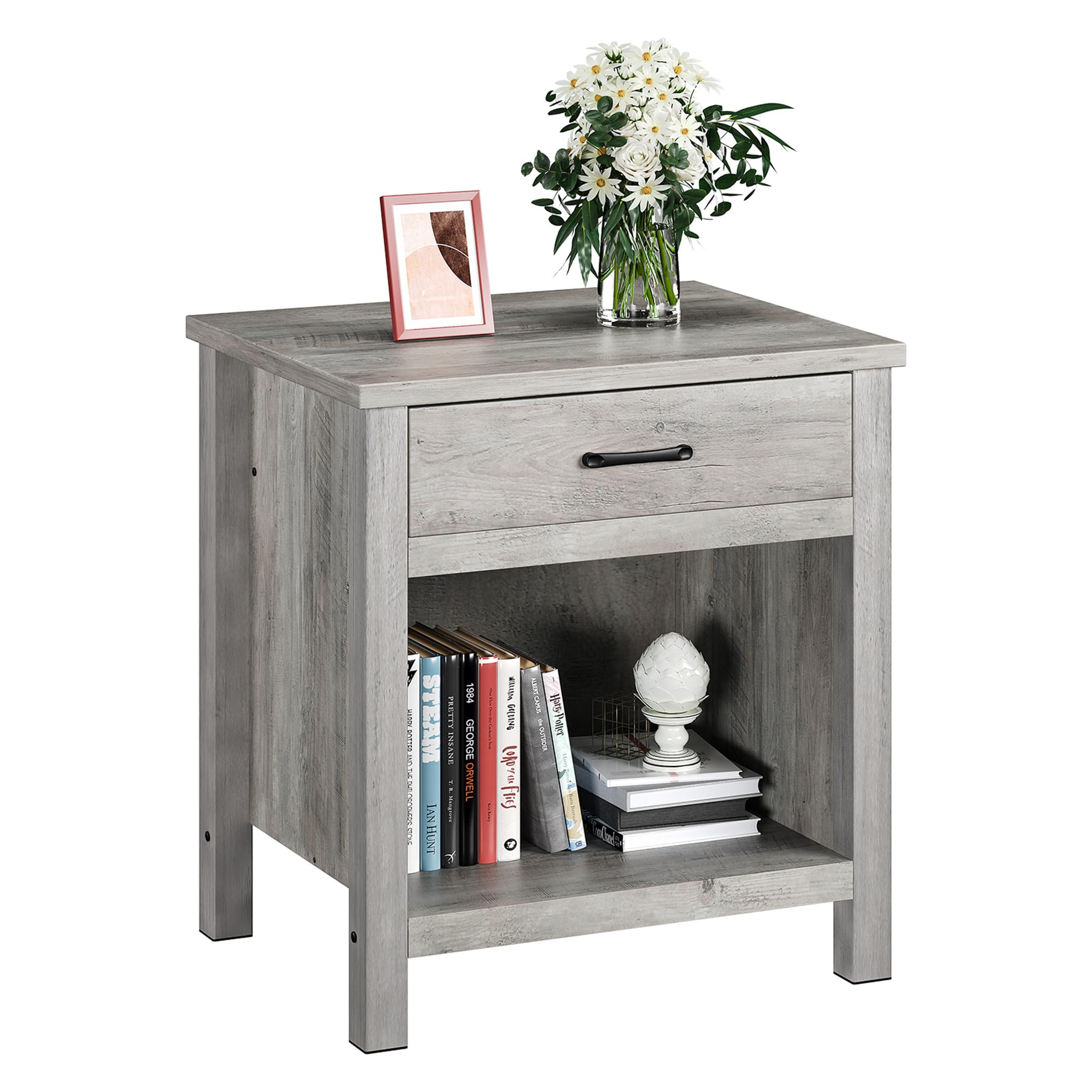 GAOMON Farmhouse Nightstand Grey Night Stand, End Side Table Living Room with Drawer and Storage Shelf, Modern Bedside Table for Bedroom Sofa Nursery Office