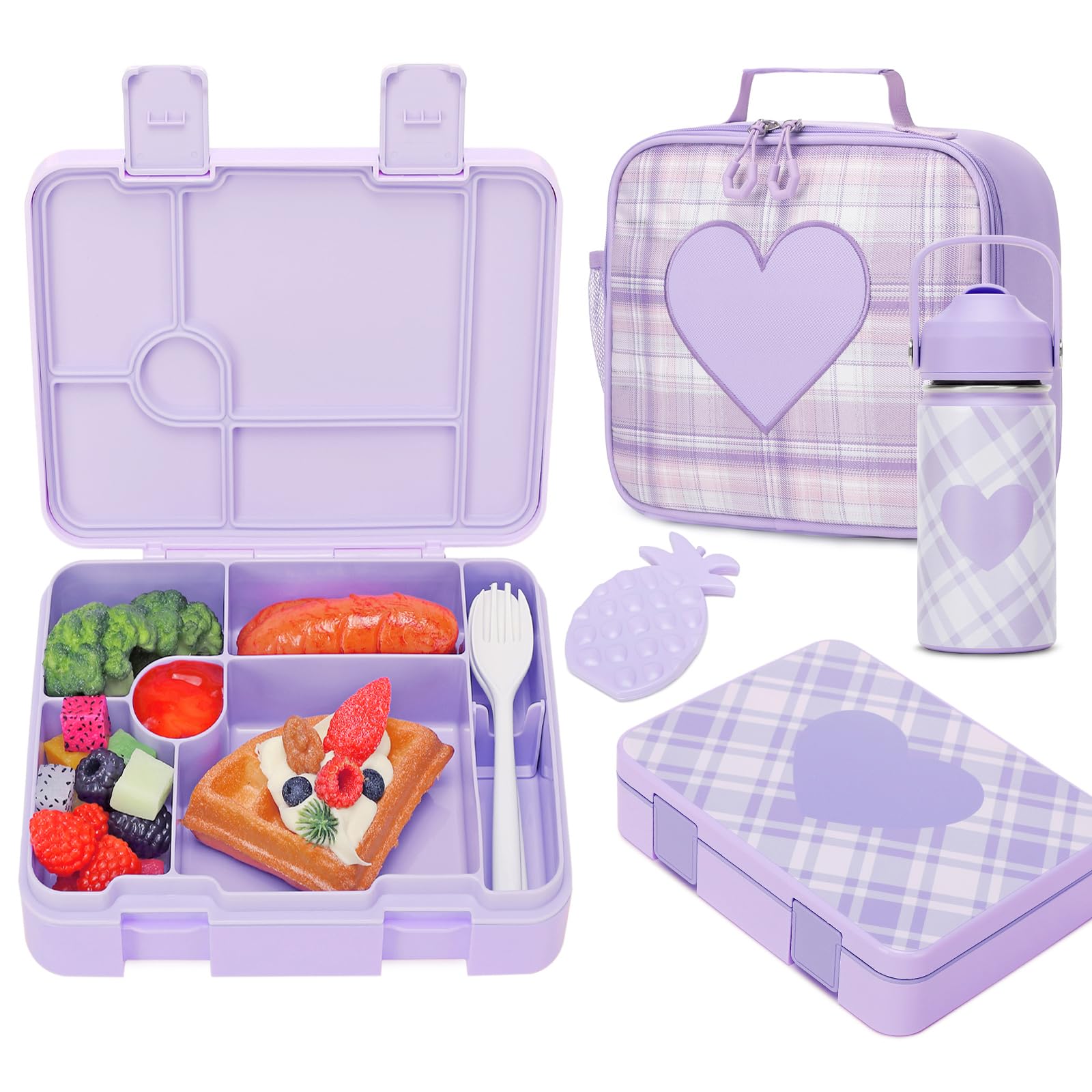 Bevalsa Bento Lunch Box for Kids with Insulated Water Bottle & Lunch Bag Set - 43oz Lunch Containers Lunchbox, 16oz Termos Kids Water Bottle, Lunch Bag & Ice Pack for School Girls Kid (Plaid)