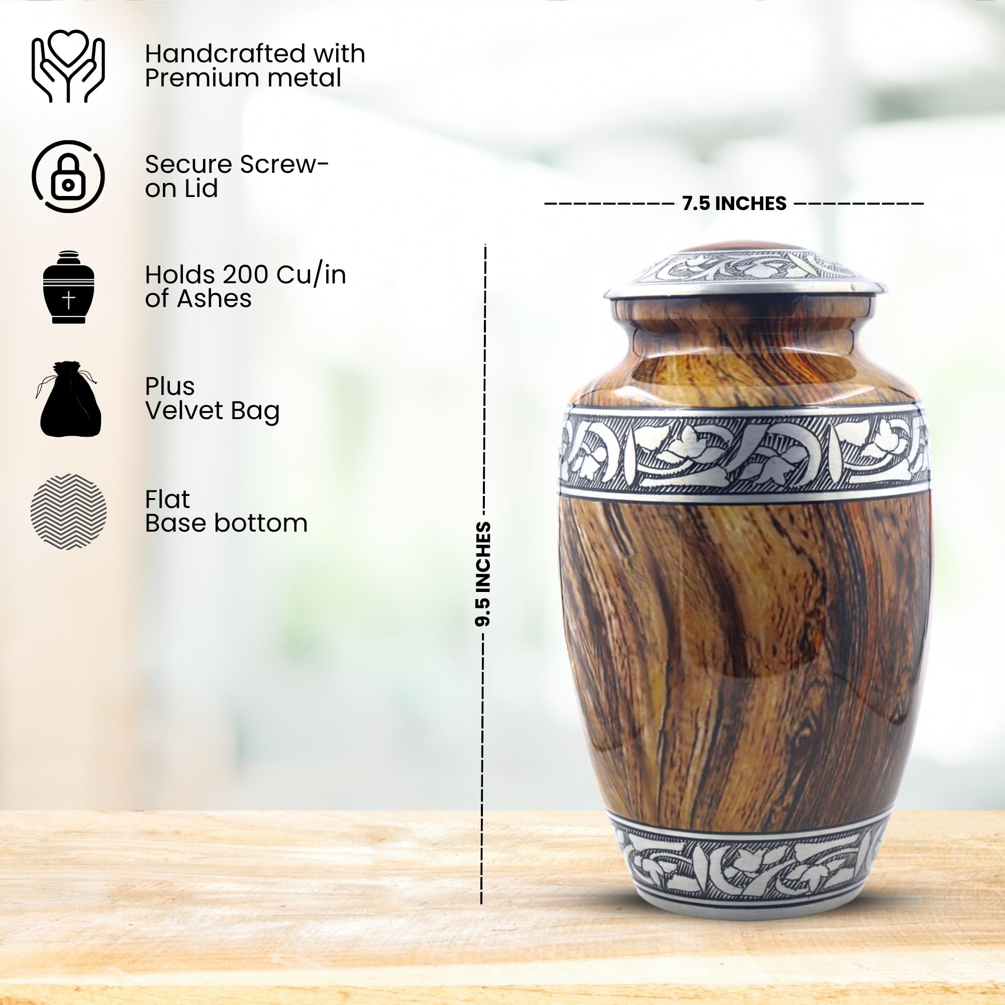 Gravierte silberne Blumen-Urne für Erwachsene – große handgefertigte Columbarium-Urne – Holz-Textur, 512 cm³ – inkl. Tasche