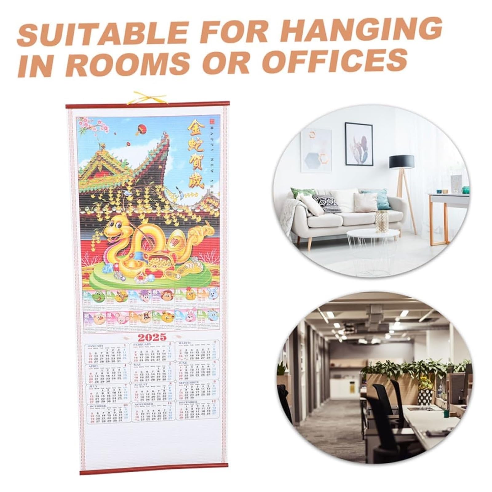 Tischkalender, Tischkalender 2025, 1 Set, Rattan-Kalender, Feng Shui, Hängekalender, Jahr, Schlangen-Wandkalender, chinesische Wandrolle