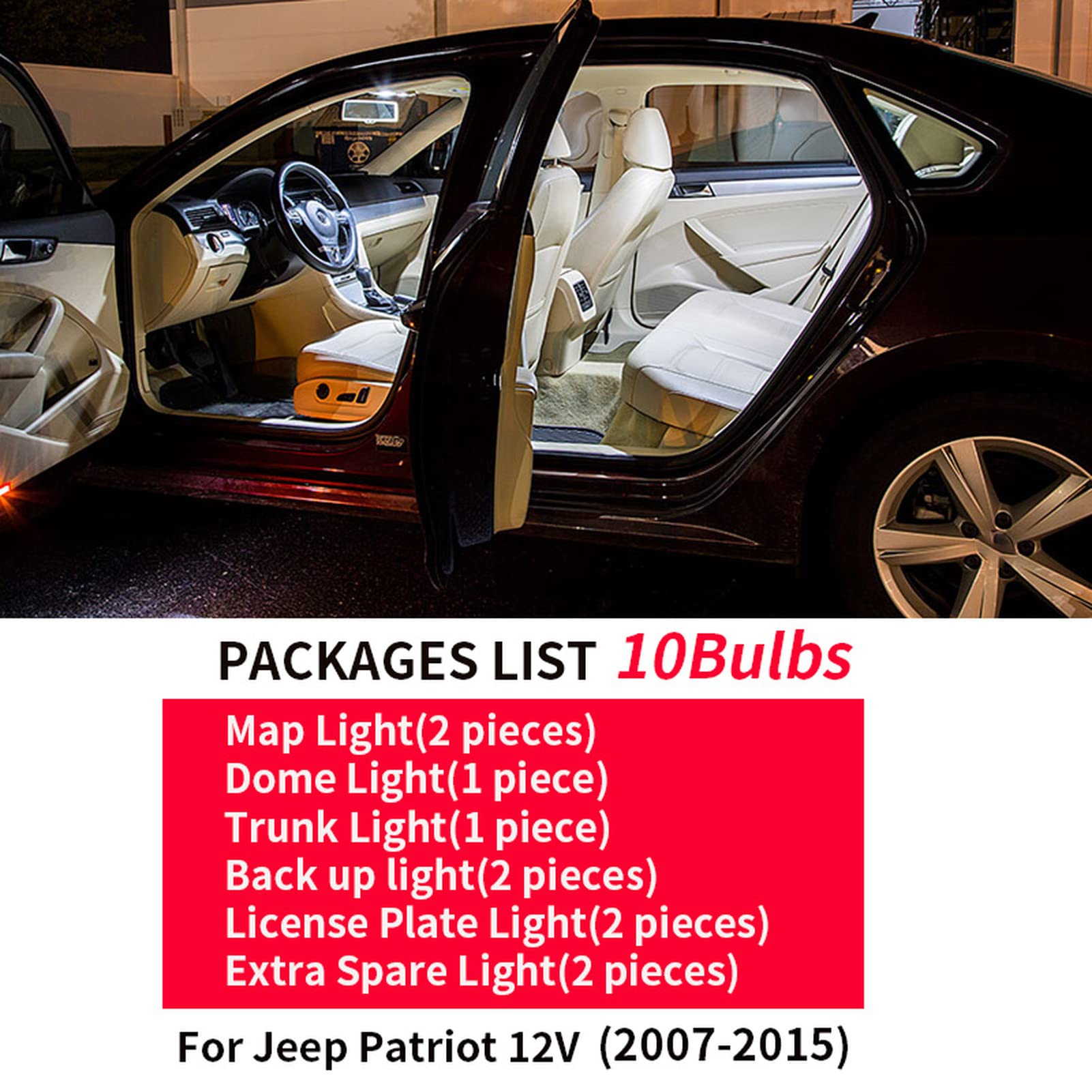 10 pièces Canbus sans Erreur LED Ampoule Kit Paquet, pour Jeep Patriot 2007-2015 12V intérieur Carte dôme Coffre Licence lumière