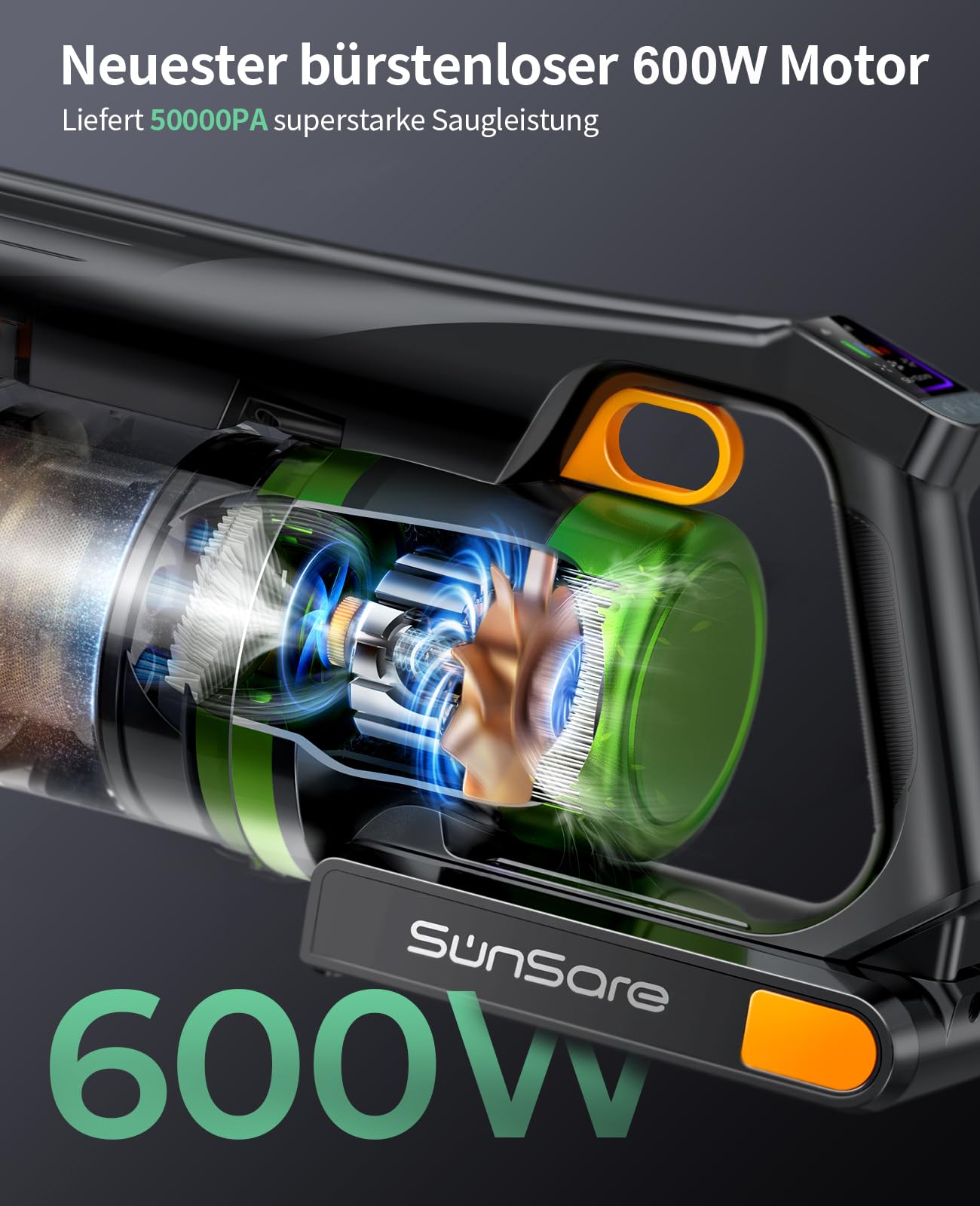 SunSare Akku Staubsauger Kabellos 600W/50000Pa/65Min, Akkustaubsauger mit HD Display, Aromatherapie，Anti Haar Wrap，Ultraleise kabelloser Staubsauger für Tierhaare/Teppiche/Hartböden/Auto