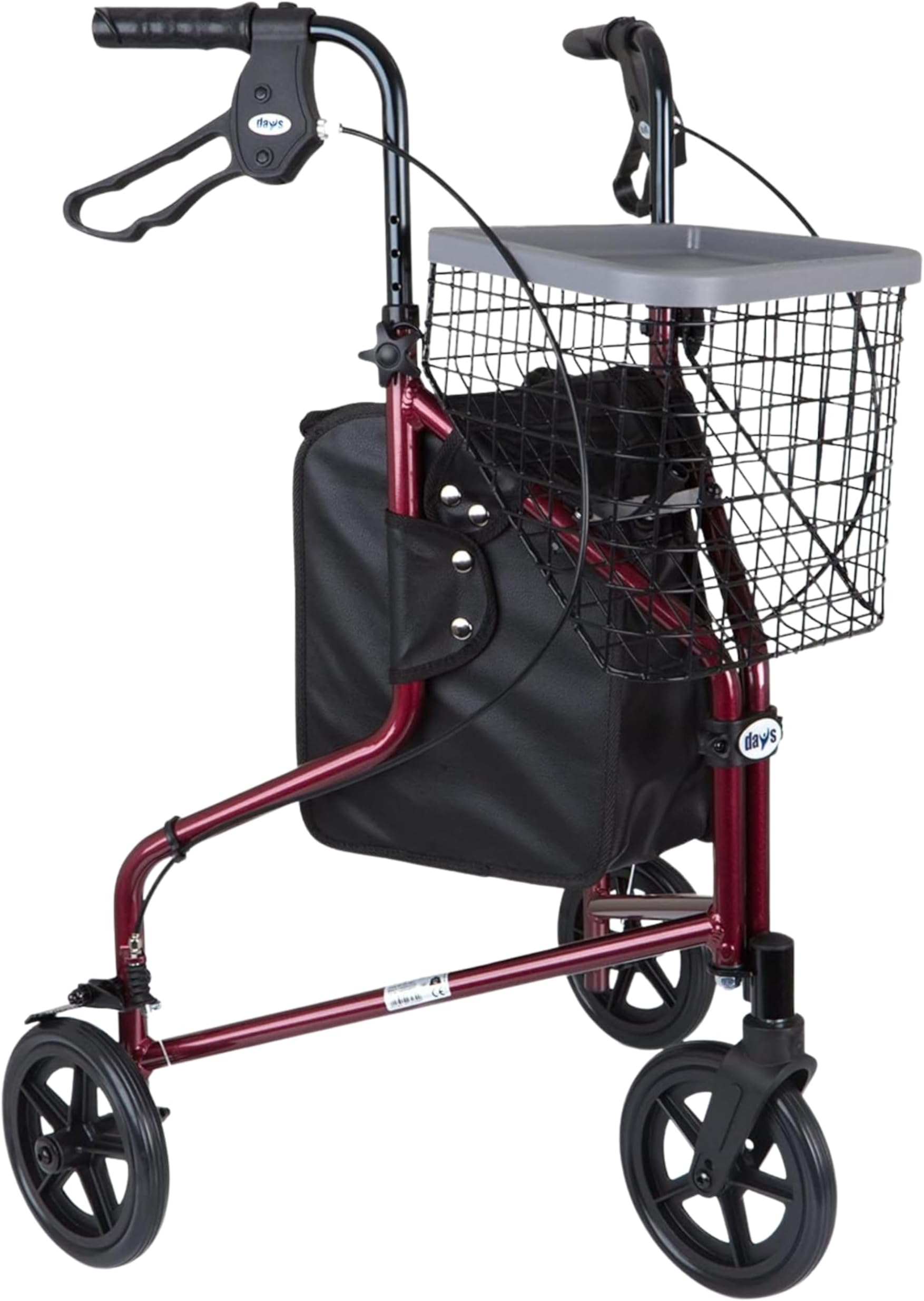 Days Lightweight Aluminium 3 Wheel Walker – Height Adjustable and Foldable Mobility Aid for Elderly – Triwalker with Basket, Tray, Bag and Lockable Brakes – Indoor and Outdoor Walker – Ruby Red