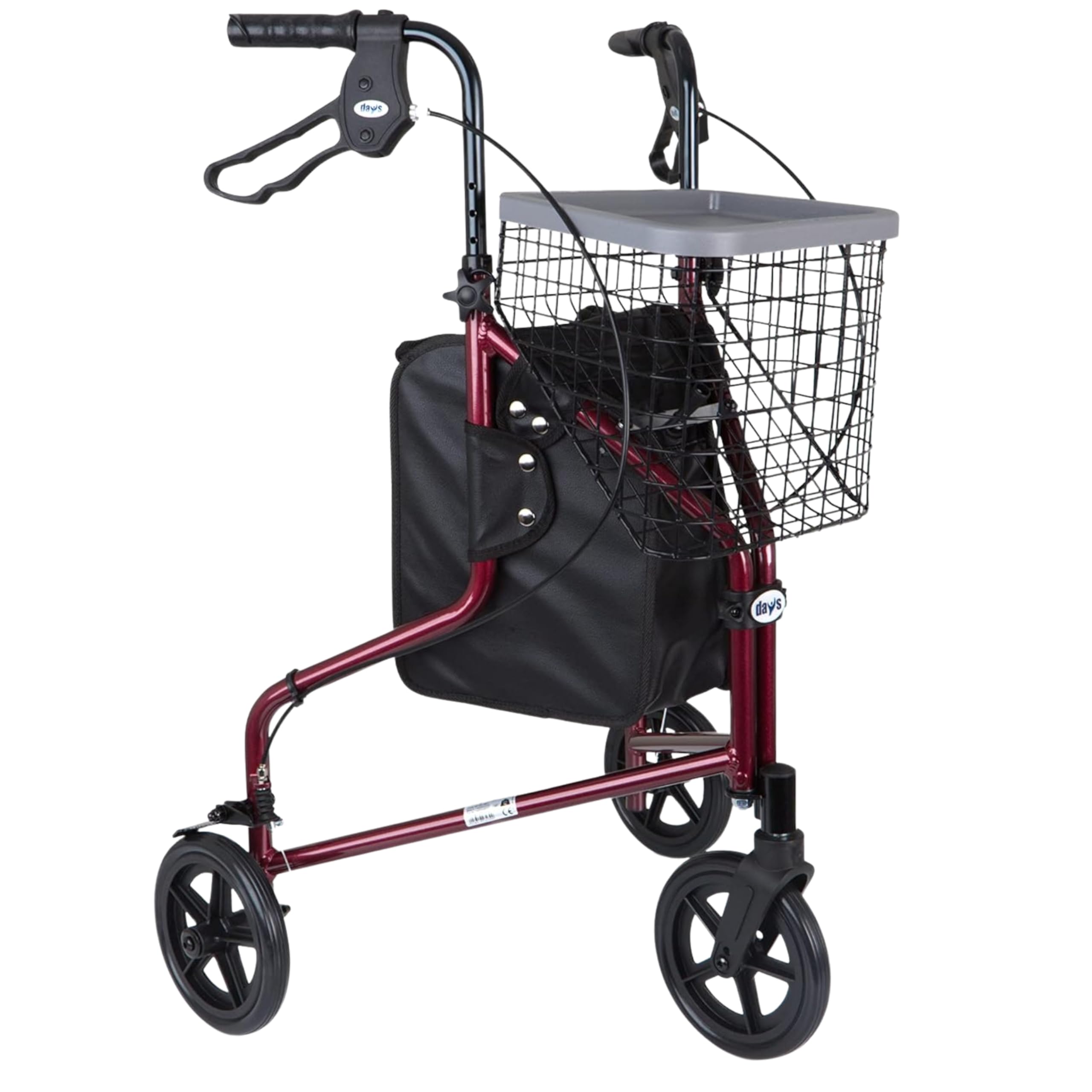Days Lightweight Aluminium 3 Wheel Walker – Height Adjustable and Foldable Mobility Aid for Elderly – Triwalker with Basket, Tray, Bag and Lockable Brakes – Indoor and Outdoor Walker – Ruby Red