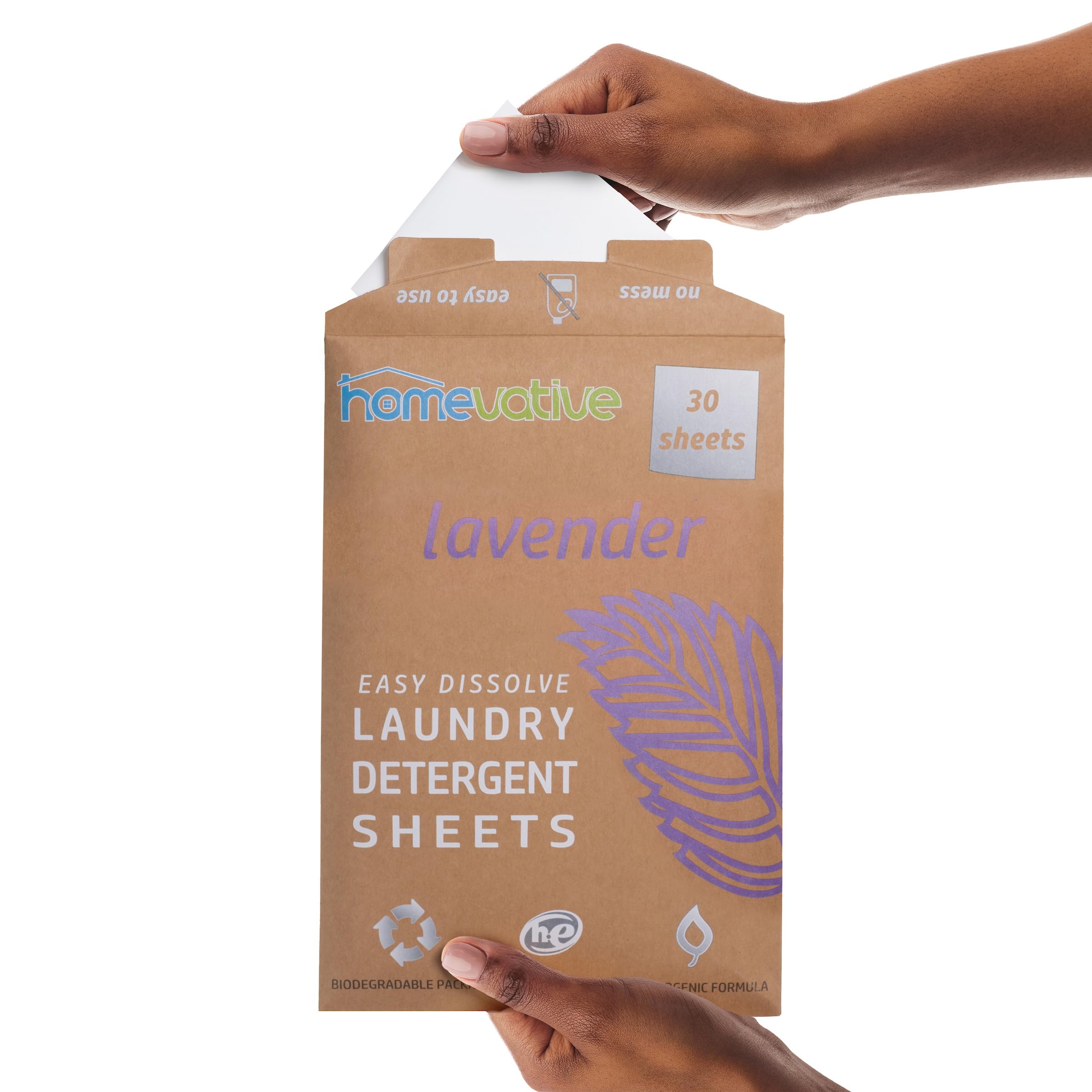 Homevative Waschmittelblätter, leicht lösbar, 30 Blatt, Lavendel, umweltfreundliche Verpackung, ideal für Reisen, Uni, Waschküche und zu Hause, kompatibel mit HE-Maschinen