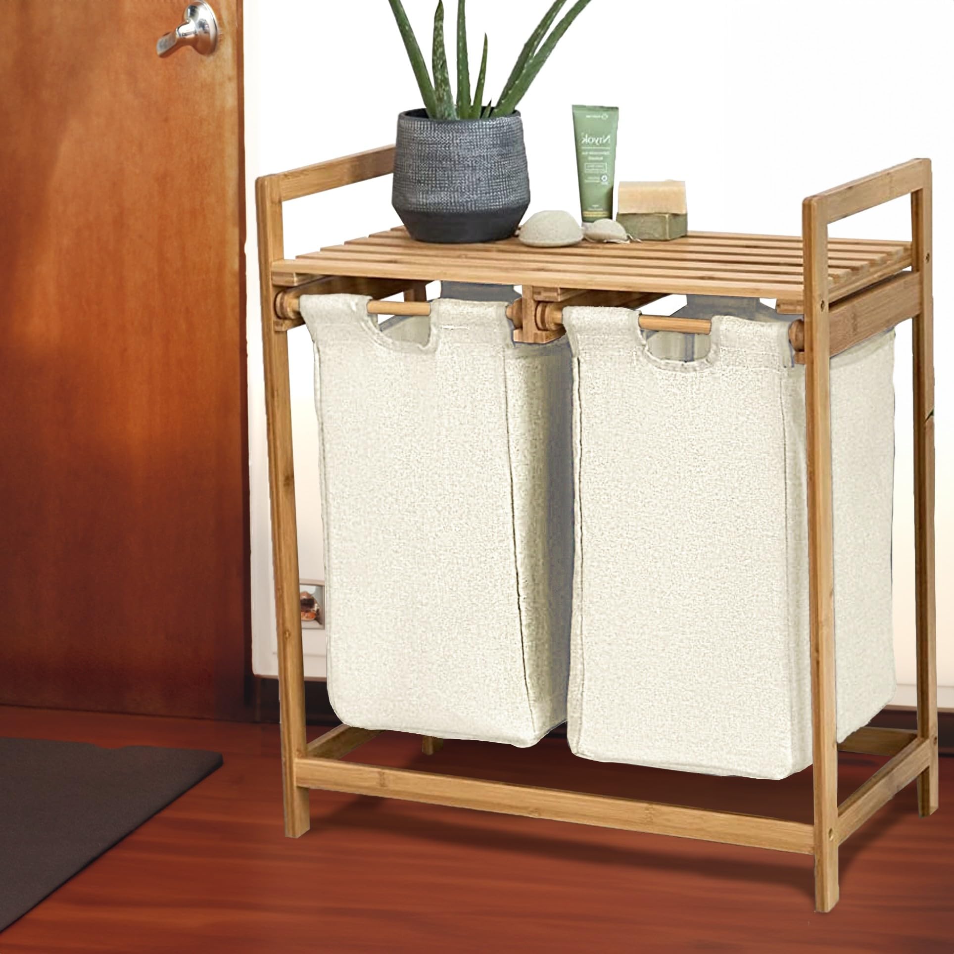 Cesto portabiancheria in bambù ripiano per il bagno portabiancheria in bambù sacchetto per il bucato ripiano per il bagno selezionatore di biancheria 63x33x74 cm Beige