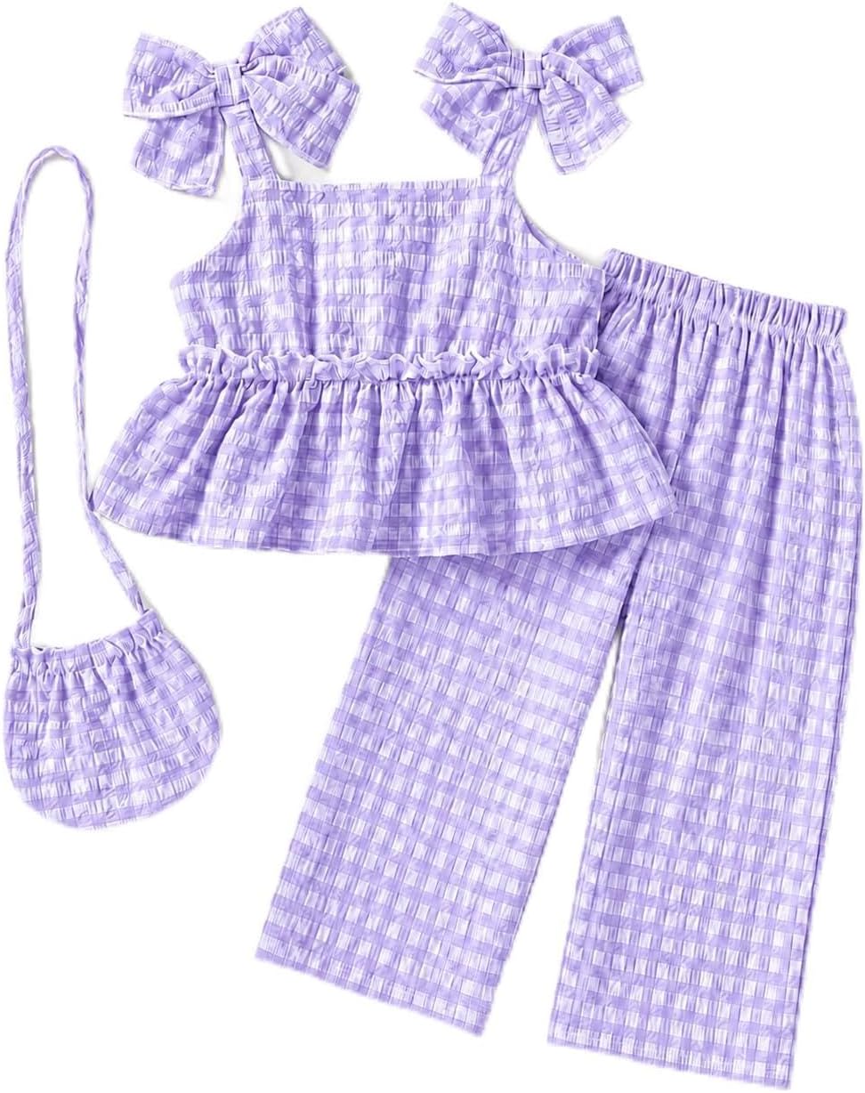 ChuYuKu Baby Girl Clothes Summer Spaghetti Strap Plaid Pants Set with Bag Cute Matching Outfits