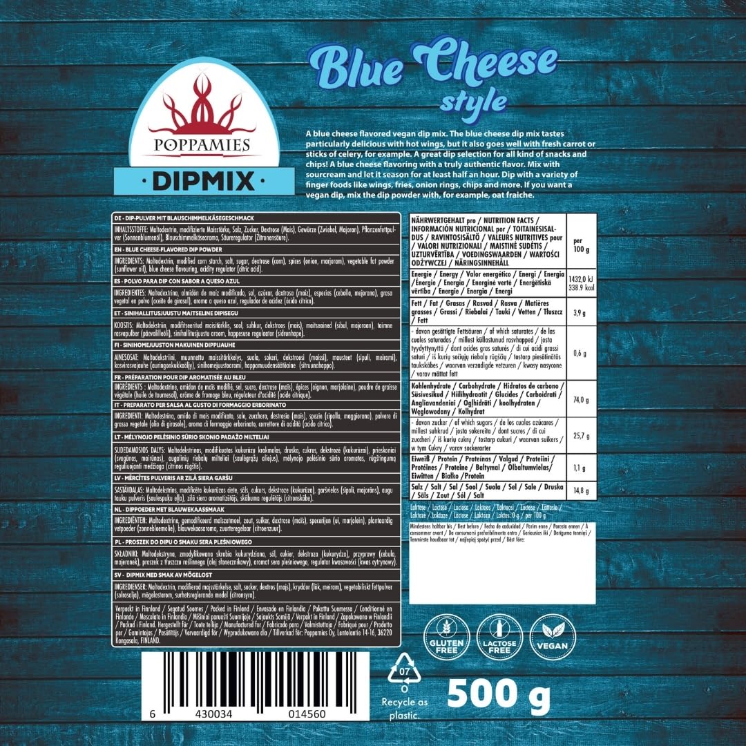 Poppamies Dipmix Blue Cheese Style – Polvo para dip vegano con sabor a queso azul, ideal para alitas, verduras y snacks – Sin gluten, sin lactosa – 500g