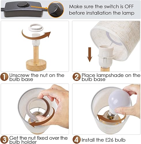 Miniatura 7 de Lámpara de mesita de noche pequeña para dormitorio, base de madera redonda natural y pantalla de lino de tela, acogedora luz de mesa nocturna para