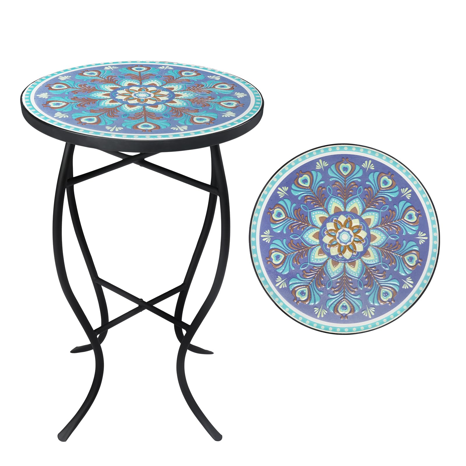 VCUTEKA Mosaic Outdoor Side Table, 14" Round Small Patio Accent Table Indoor End Table for Yard, Garden, Living Room, Bistro Balcony or Lawn