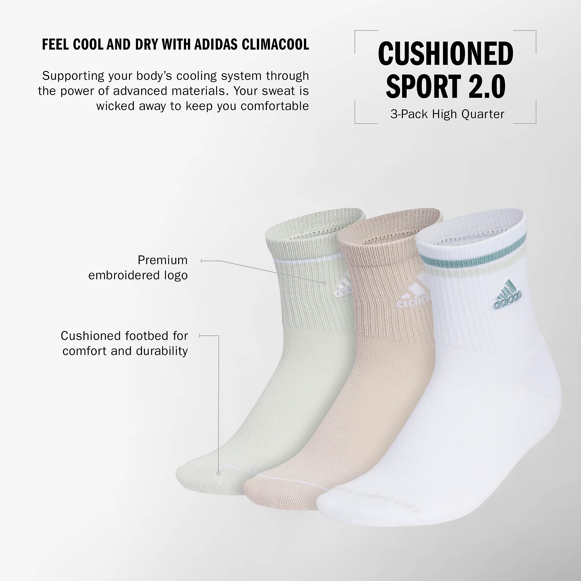adidas Męskie skarpety sportowe z amortyzacją (3 pary) powyżej wysokości kostki z kompresją łuku dla bezpiecznego dopasowania, Lniana zieleń/cudowny beż/biały, Medium