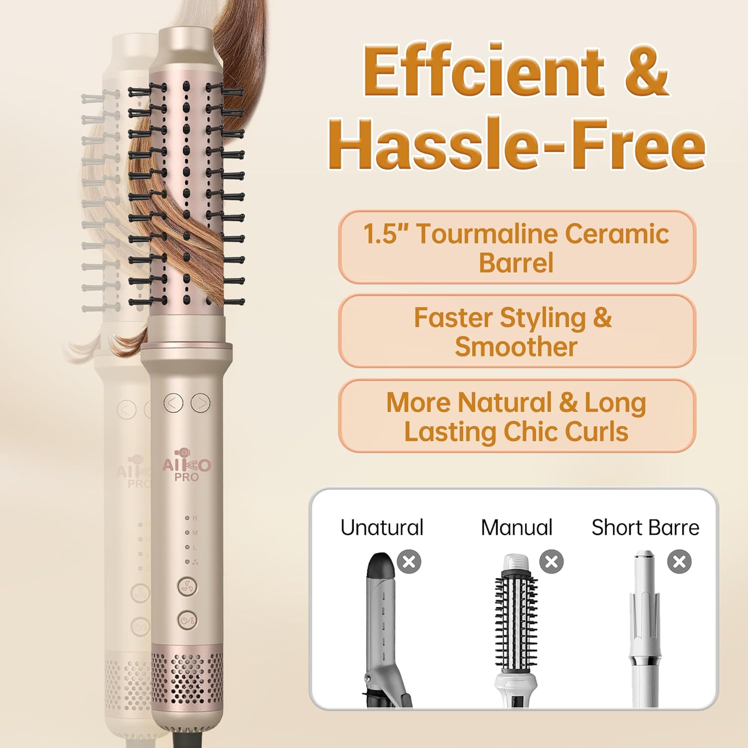 1.5 Inch Auto Rotating Curling Brush, Spinning Heated Thermal Round Brush Volumizer, 3 in 1 Ionic Hair Brush Styler for Long Medium Hair, 3 Temp Settings, 30S Fast Heat-Up, Dual Voltage