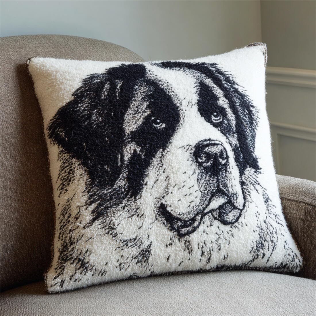 Kitquiver Animal Latch Hook Craft Kits Black and White Saint Bernard Crochet Needlework Crafts with Latch Hook Tool for Adults DIY Handmade Home Cushion Kits Decor 17x17In