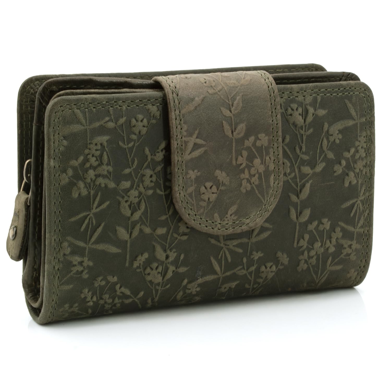 Ekavale Damen-Portemonnaie im Querformat mit RFID-Schutz, Blütenmuster, Leder, viele Fächer, dreigeteiltes Münzfach (Grü