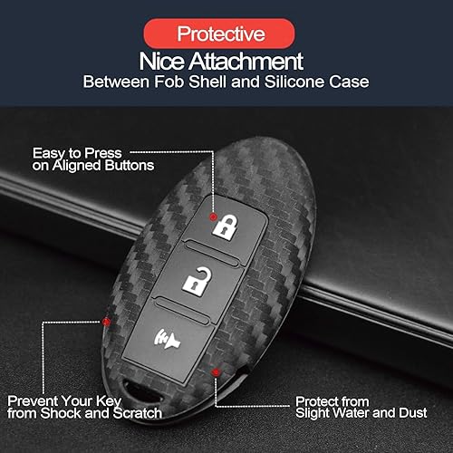 Miniatura 4 de INFIPAR 2 piezas compatibles con Nissan Infiniti KBRASTU15 Smart 3 botones de fibra de carbono con aspecto de silicona FOB funda protectora sin